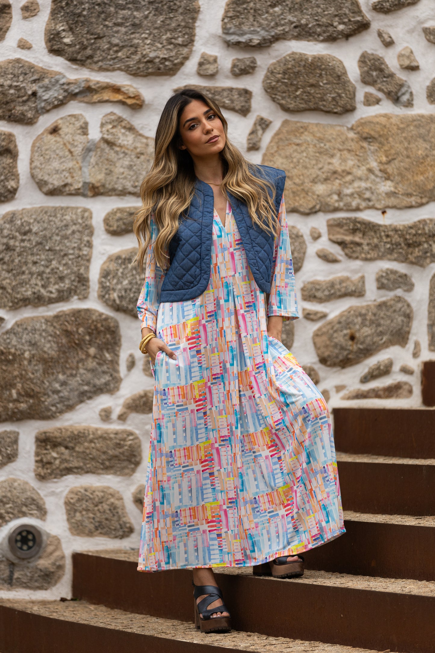 Vestido largo en malha estampada