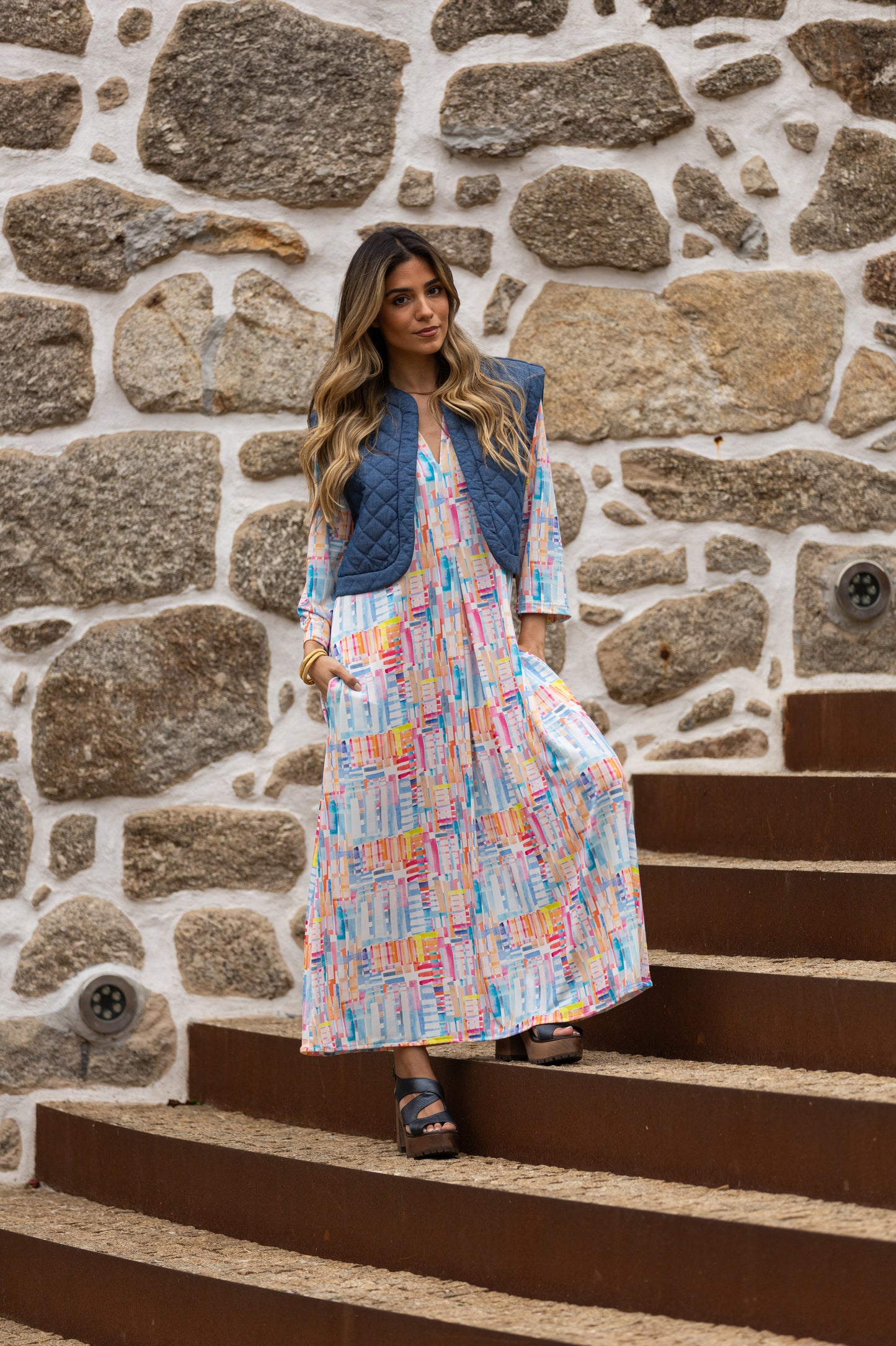 Vestido largo en malha estampada