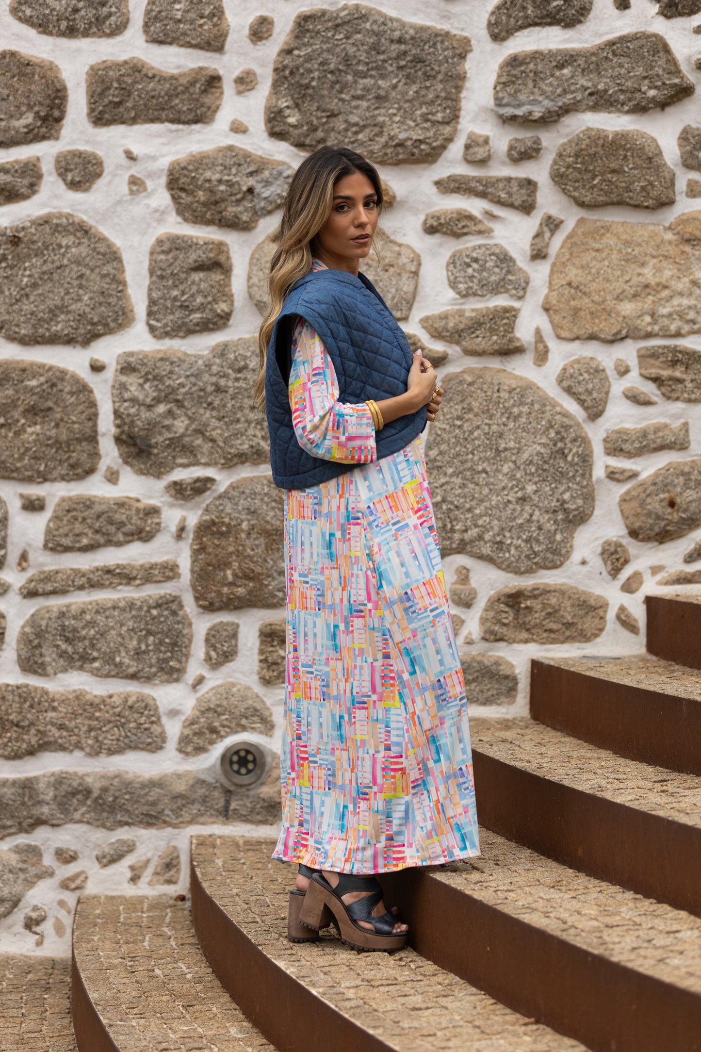 Vestido largo en malha estampada