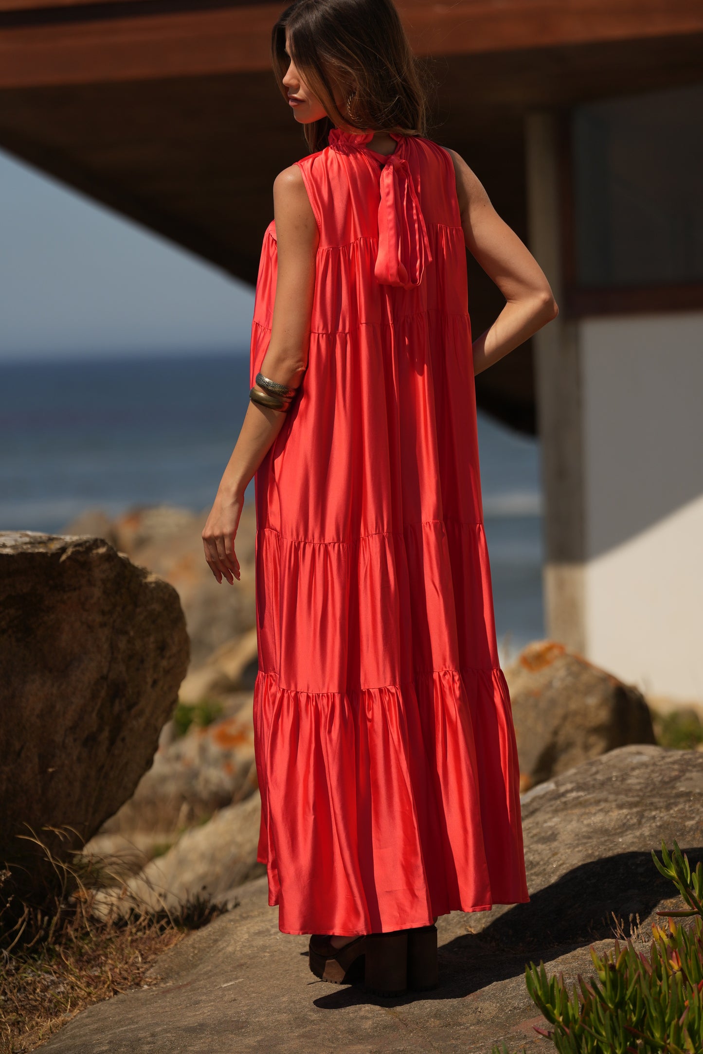 Vestido largo de seda rosa