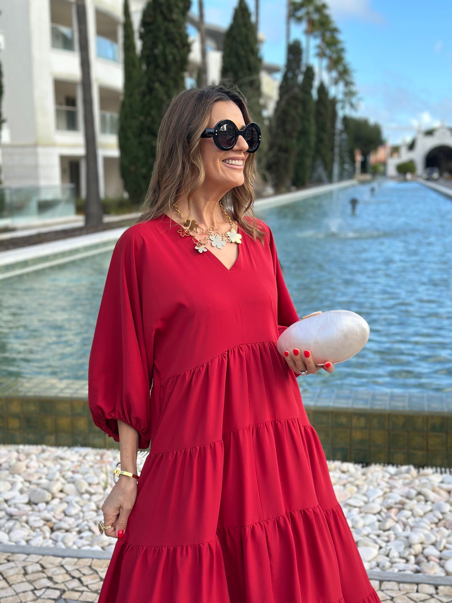 Vestido largo rojo con volantes
