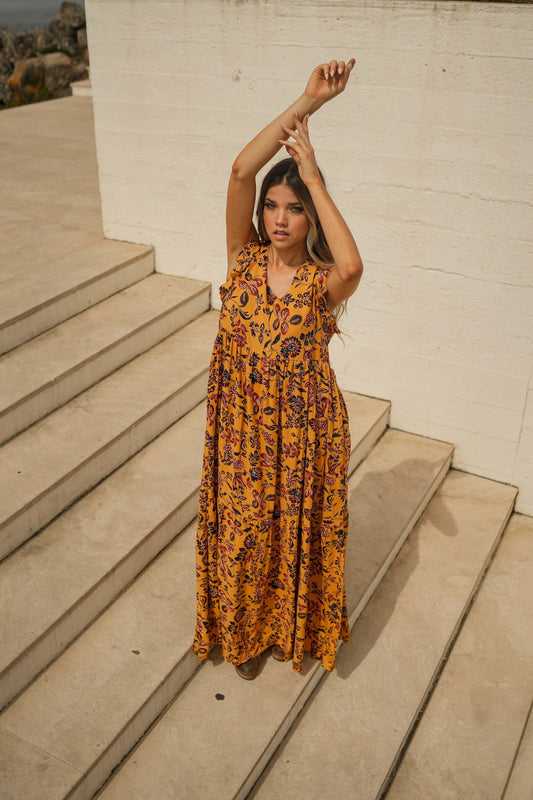 Vestido largo con volantes estampado floral