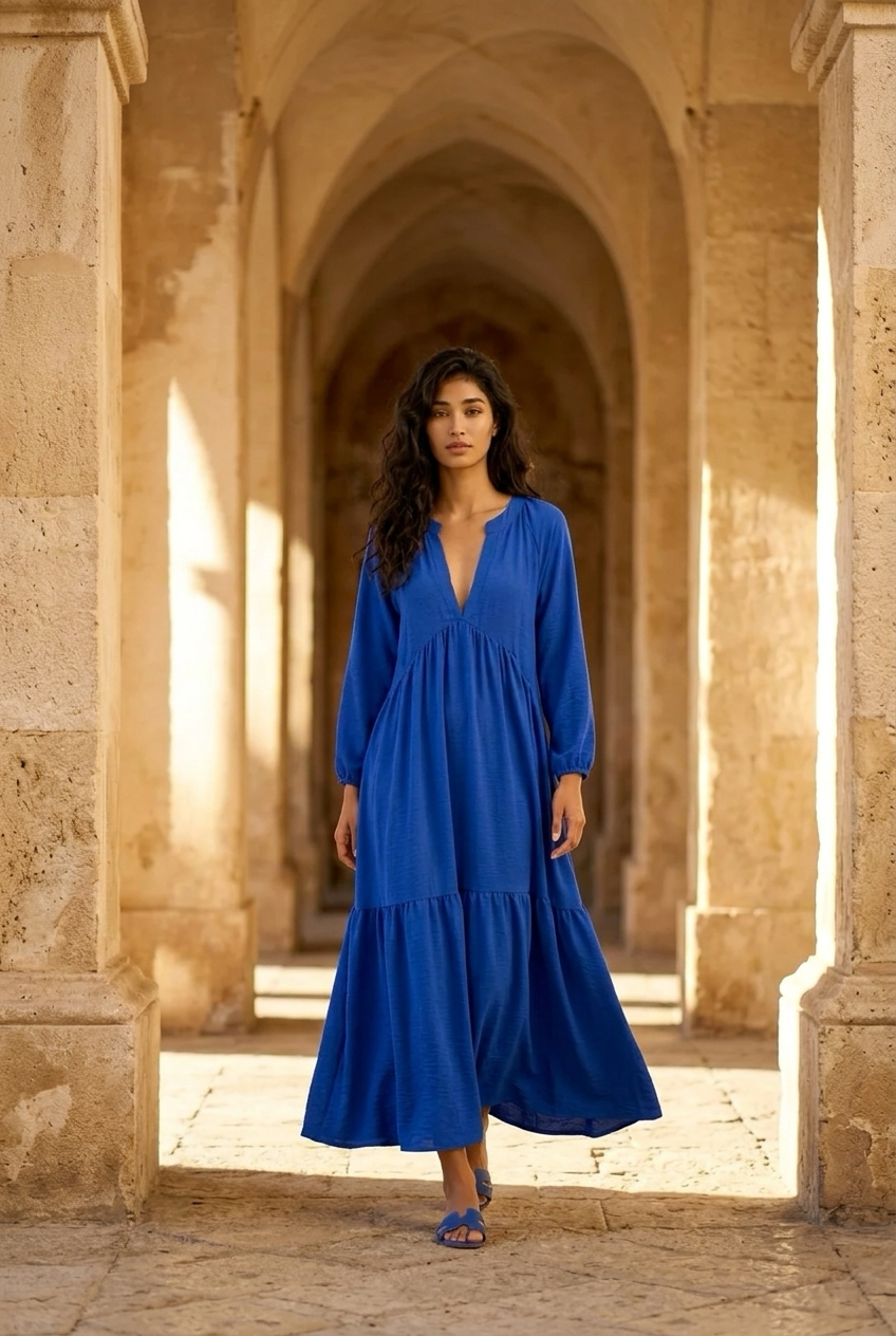 Vestido largo azul con volante