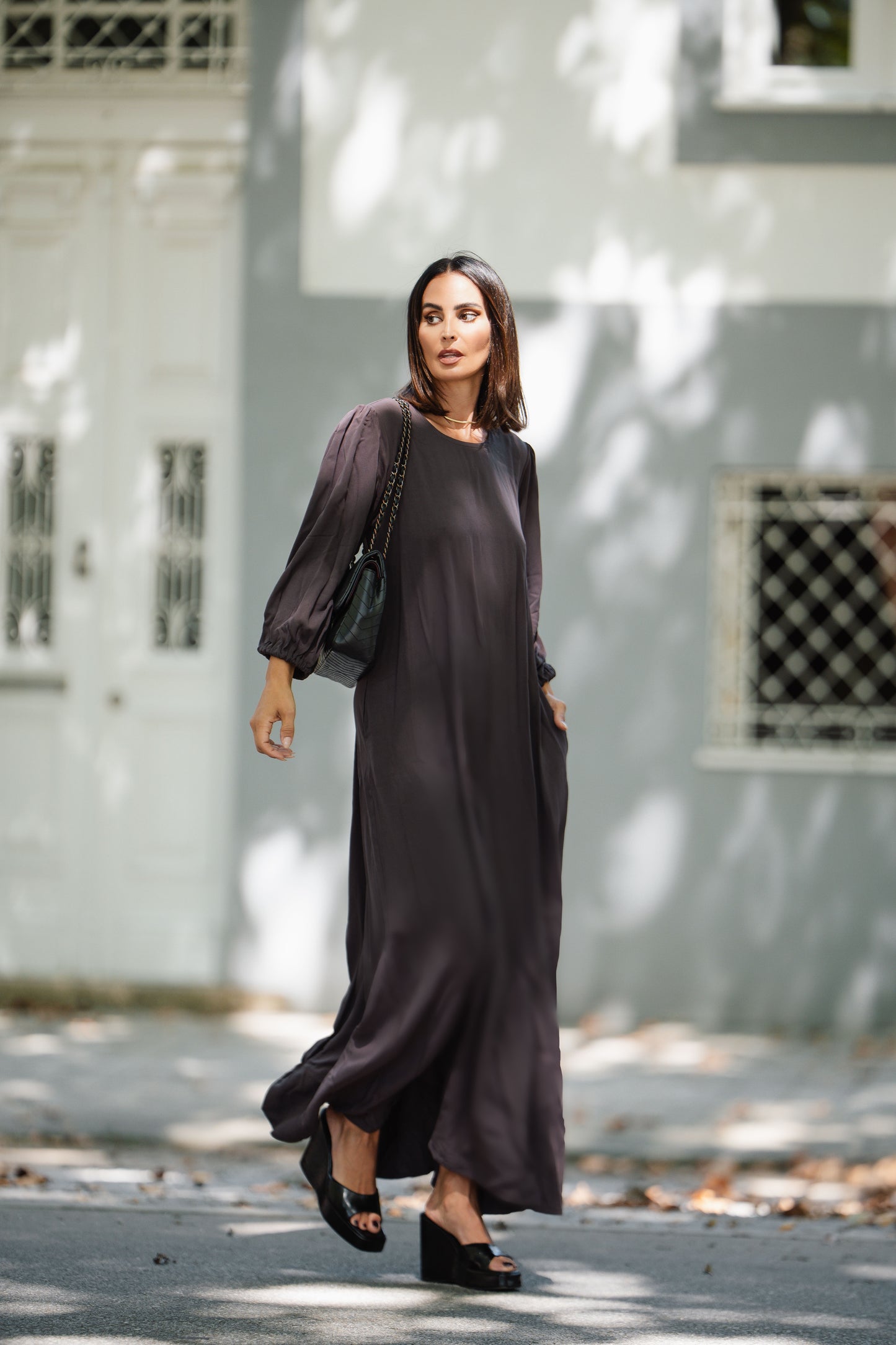 Vestido largo de viscosa marrón