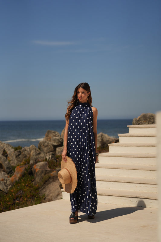 Vestido plisado estampado de lunares