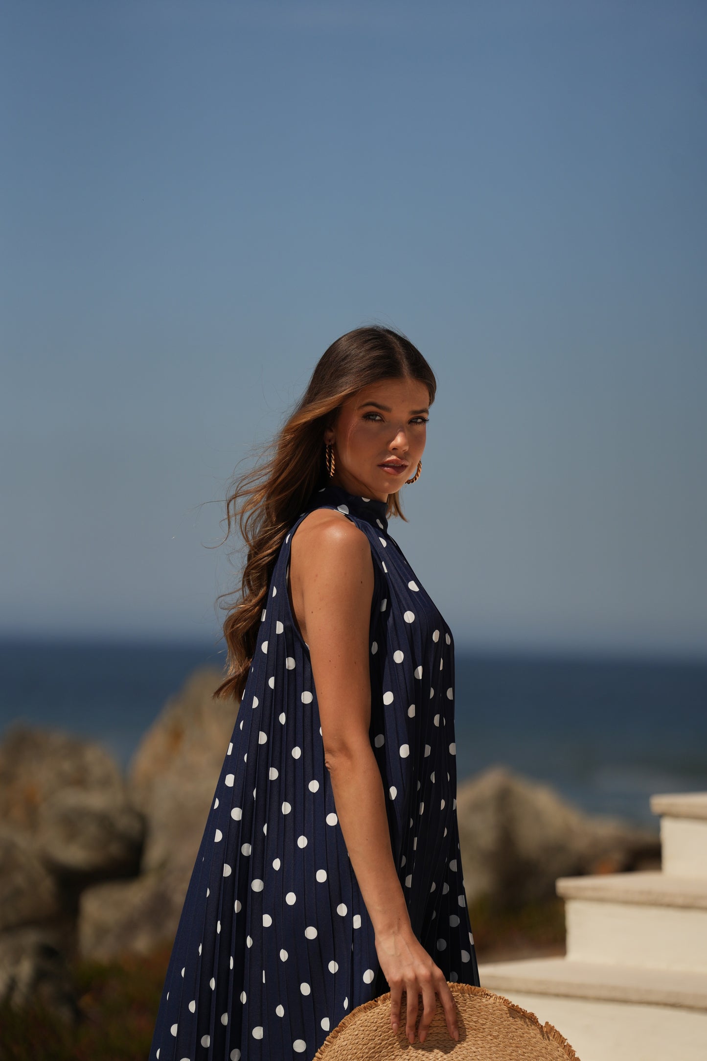Vestido plisado estampado de lunares
