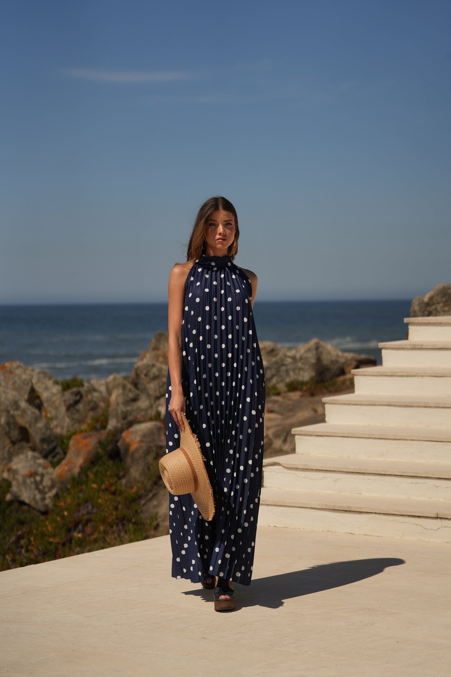 Vestido plisado estampado de lunares