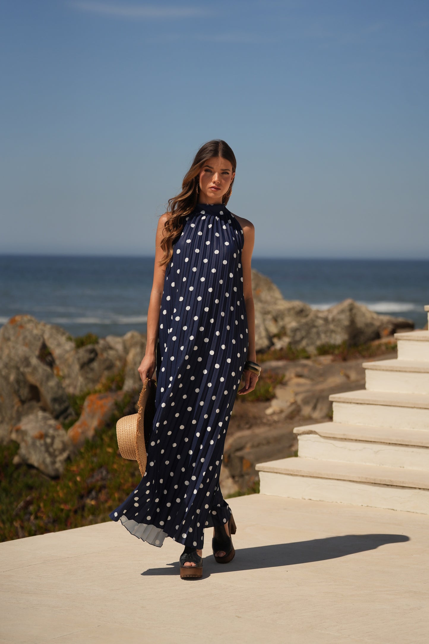 Vestido plisado estampado de lunares