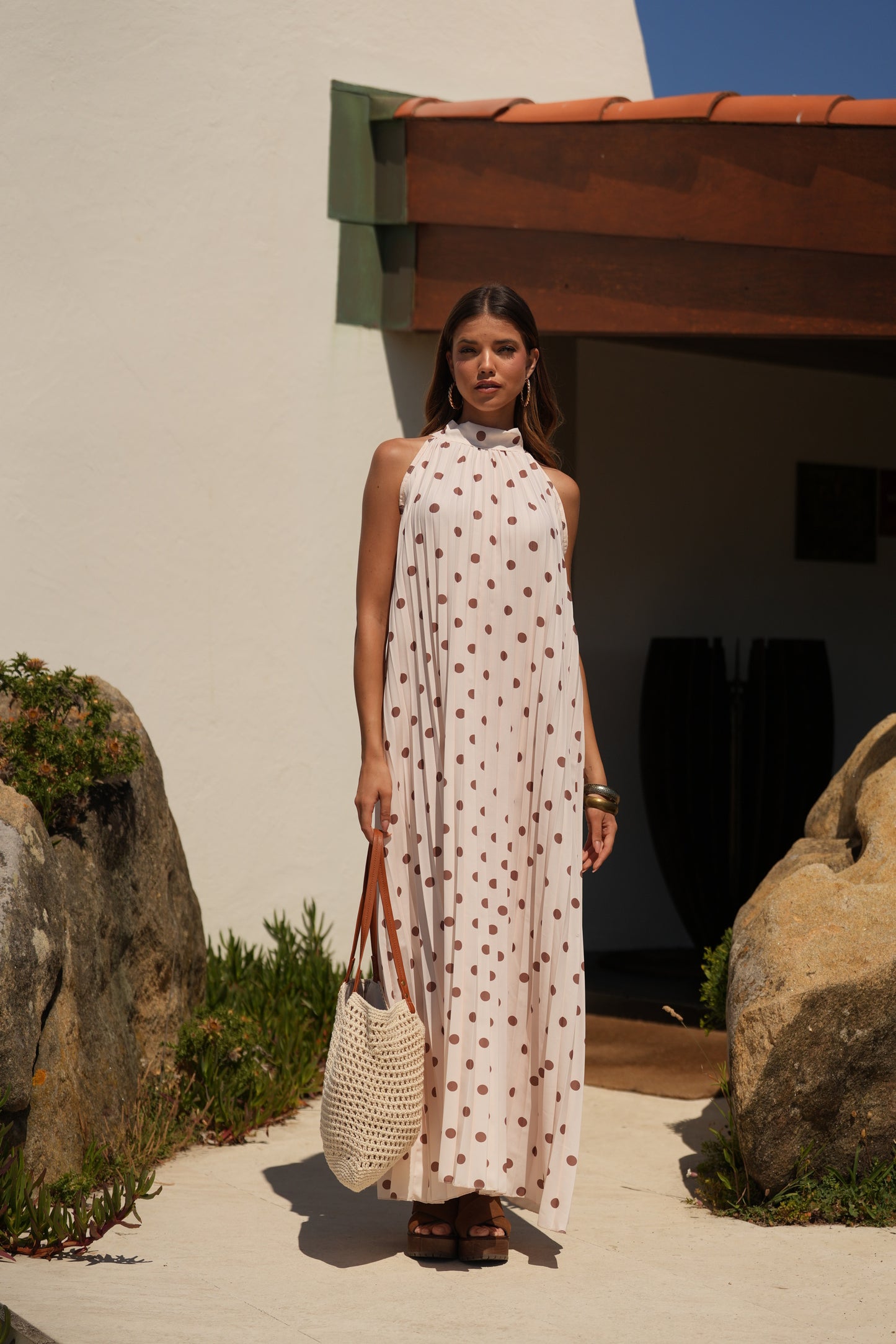 Vestido plisado estampado de lunares