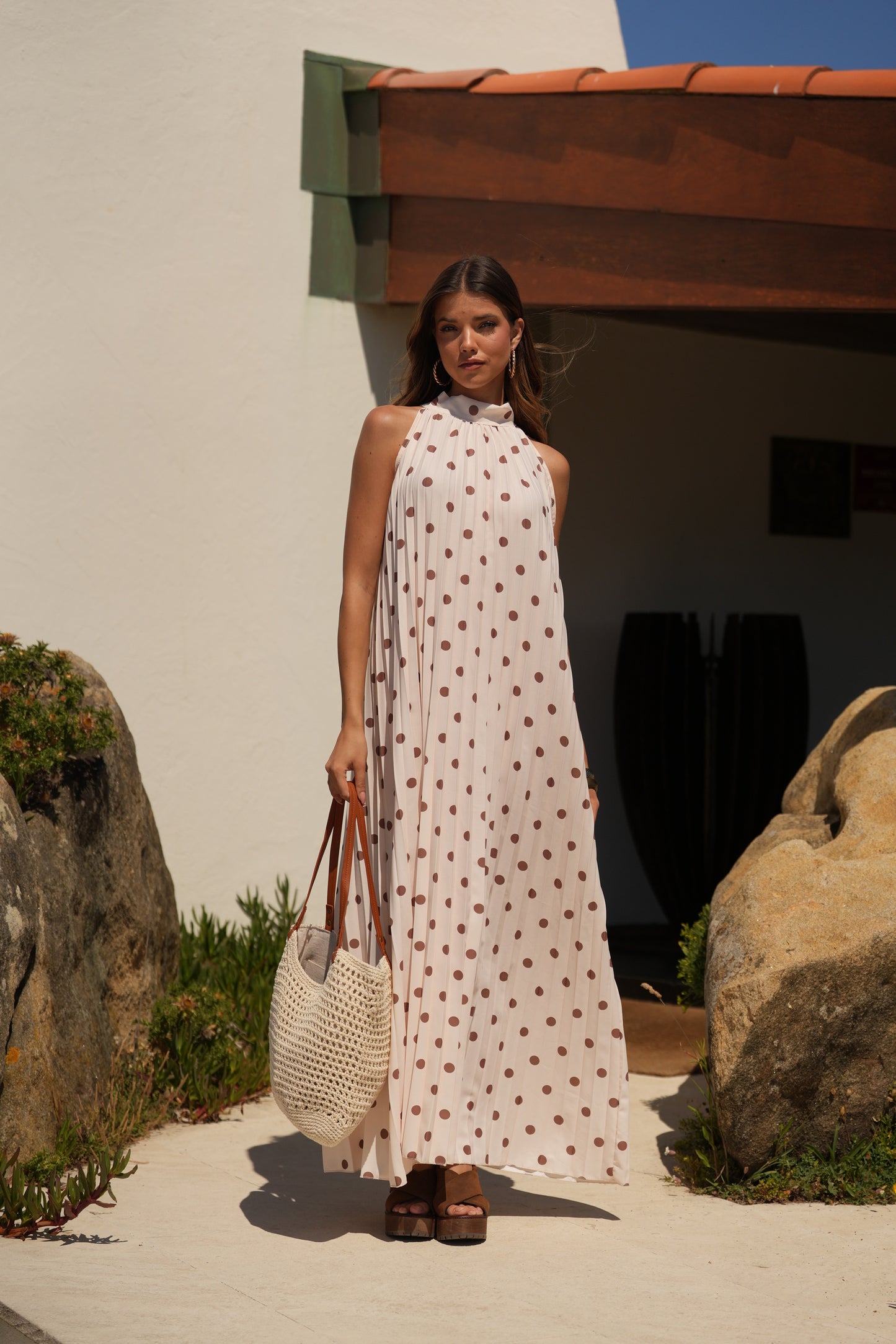 Vestido plisado estampado de lunares