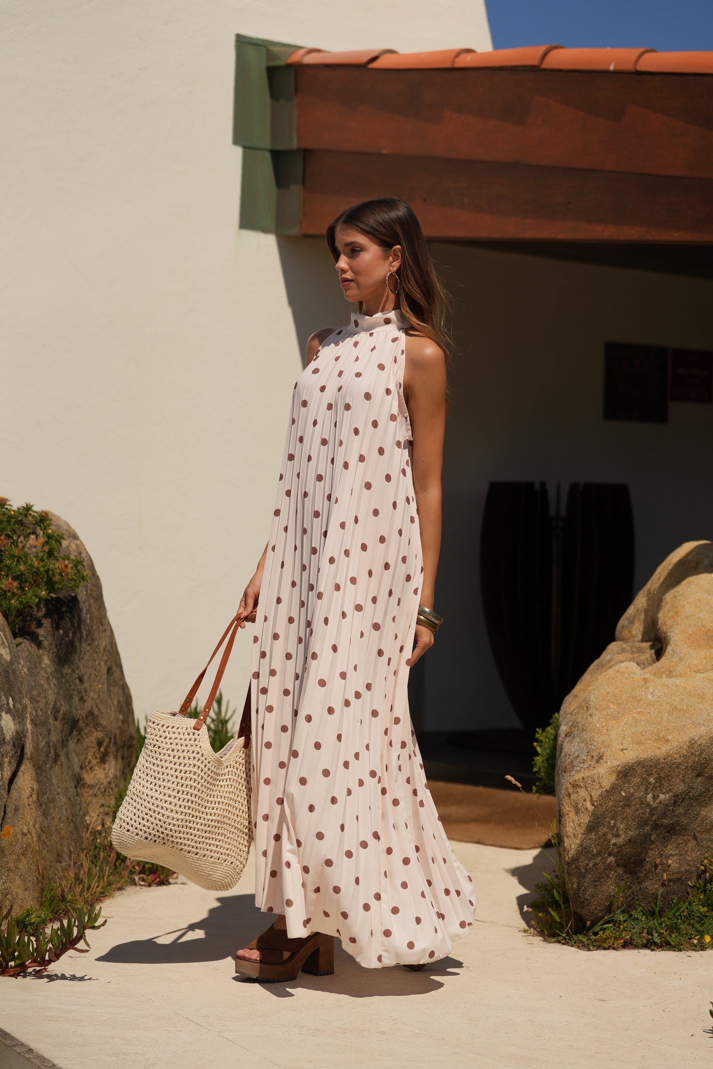 Vestido plisado estampado de lunares
