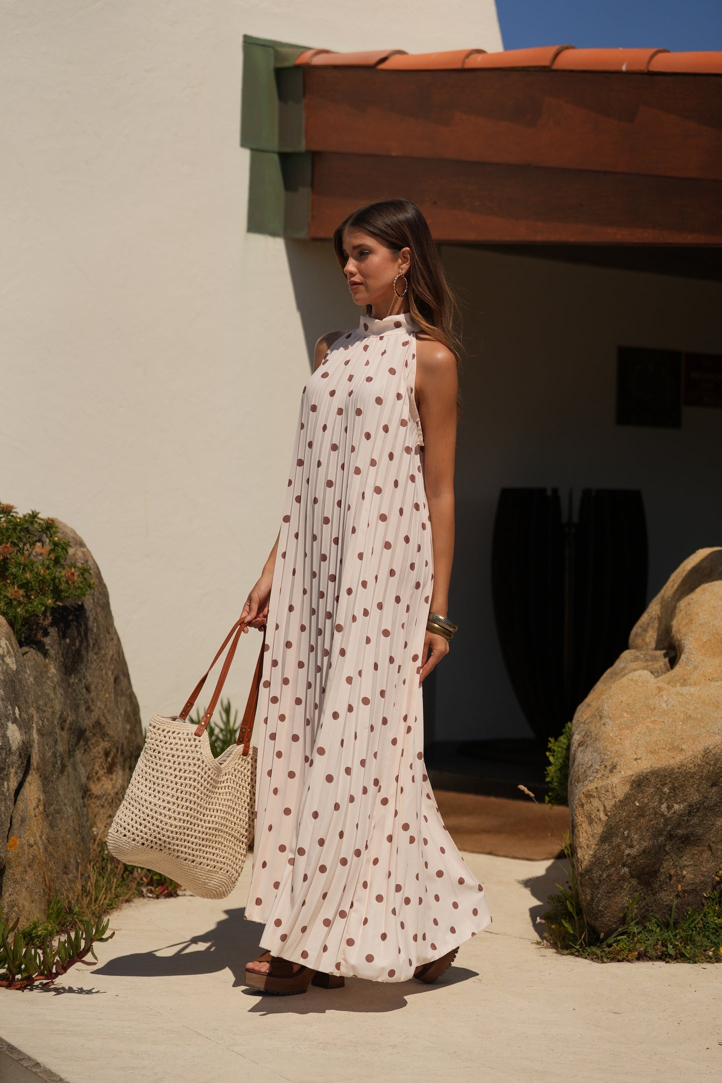 Vestido plisado estampado de lunares