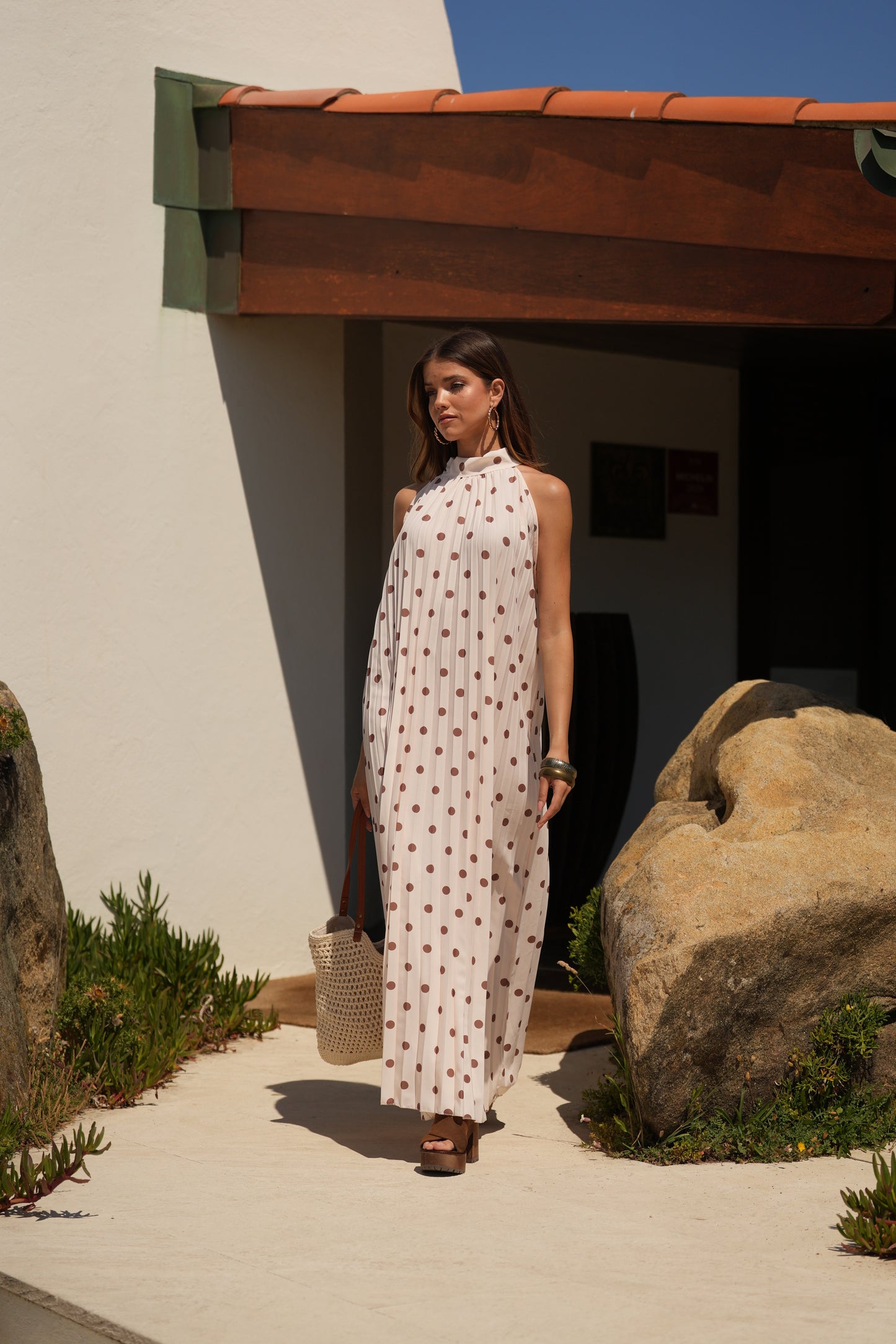 Vestido plisado estampado de lunares