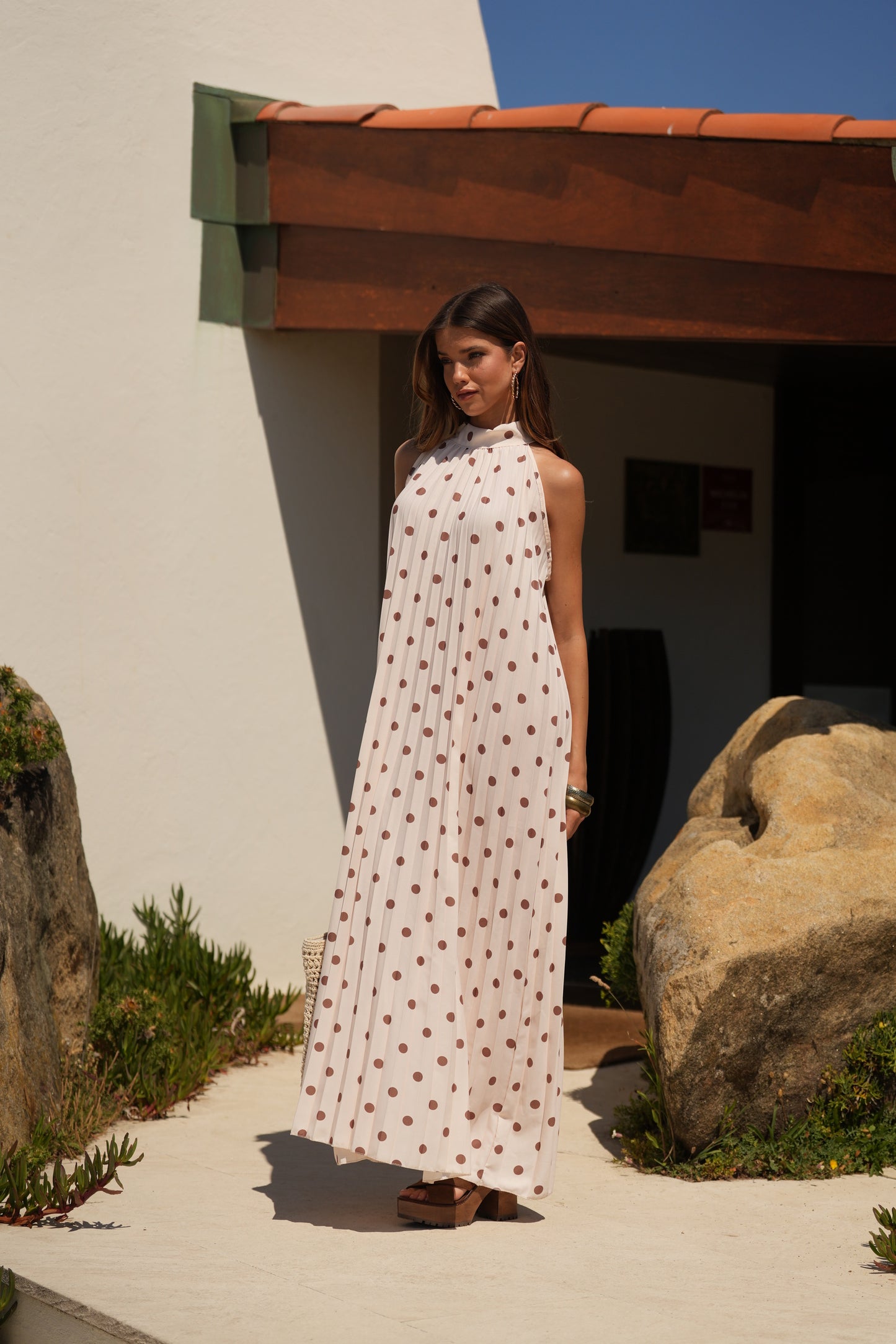 Vestido plisado estampado de lunares