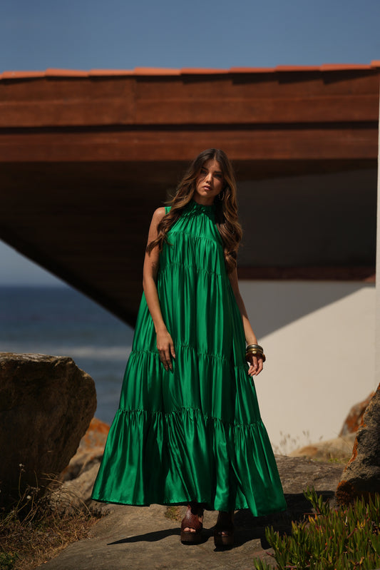 Vestido largo de seda verde