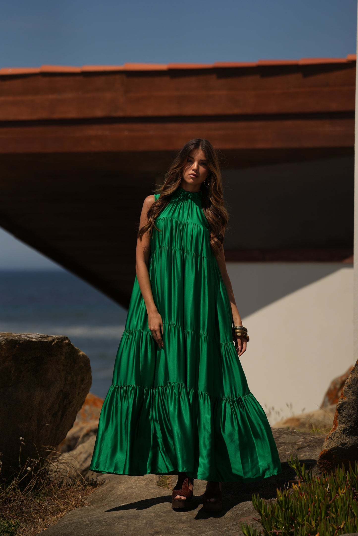 Vestido largo de seda verde