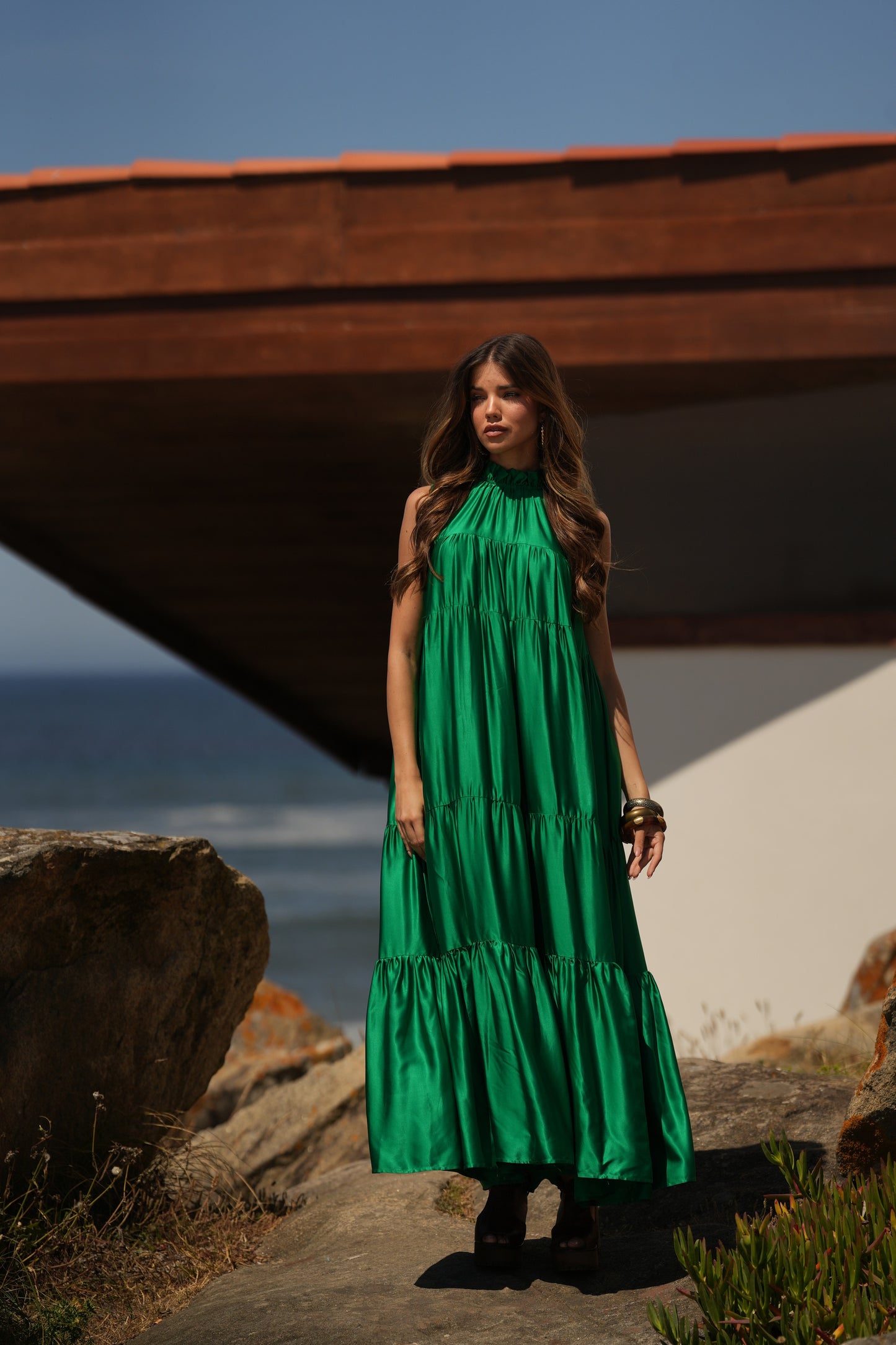 Vestido largo de seda verde