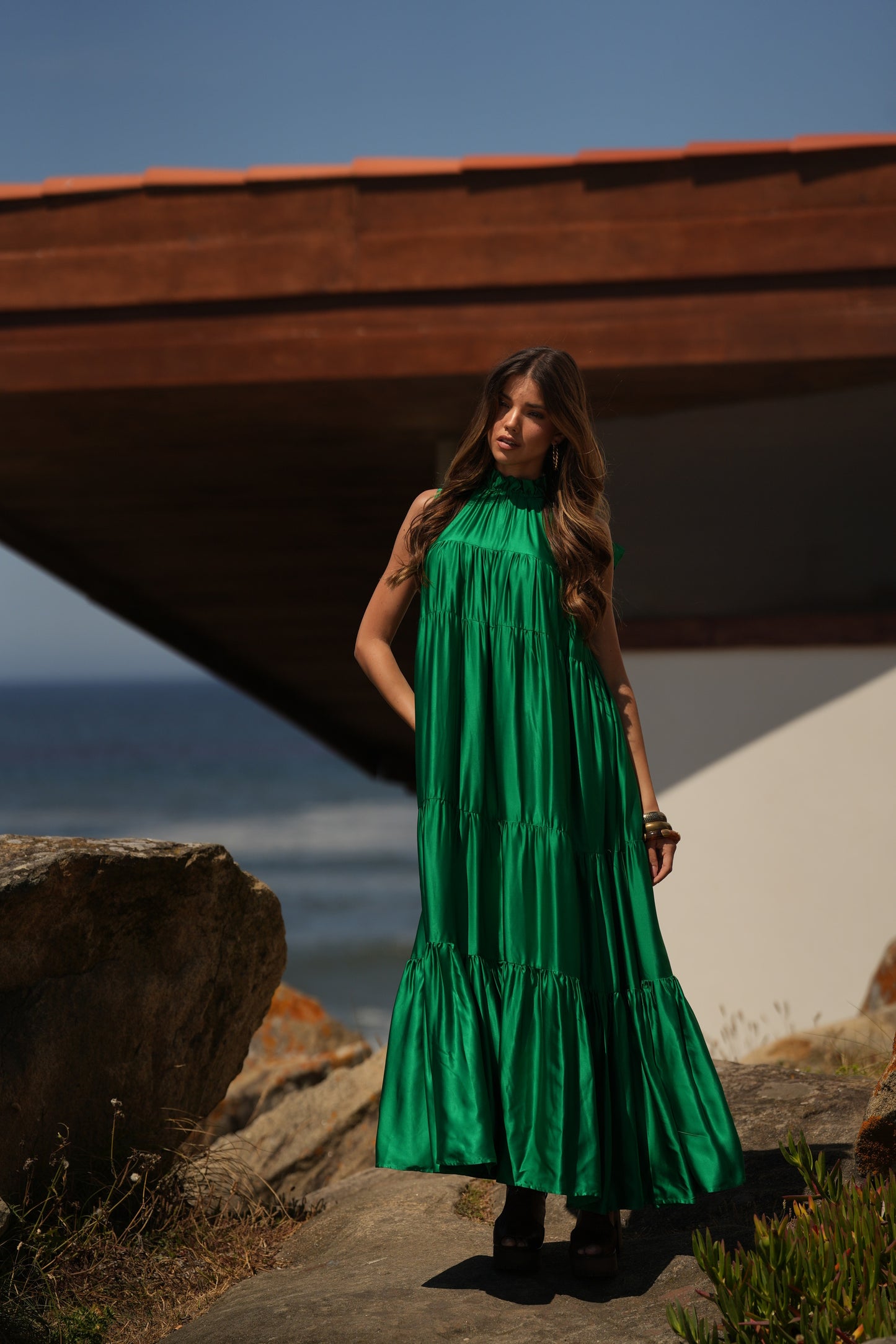 Vestido largo de seda verde