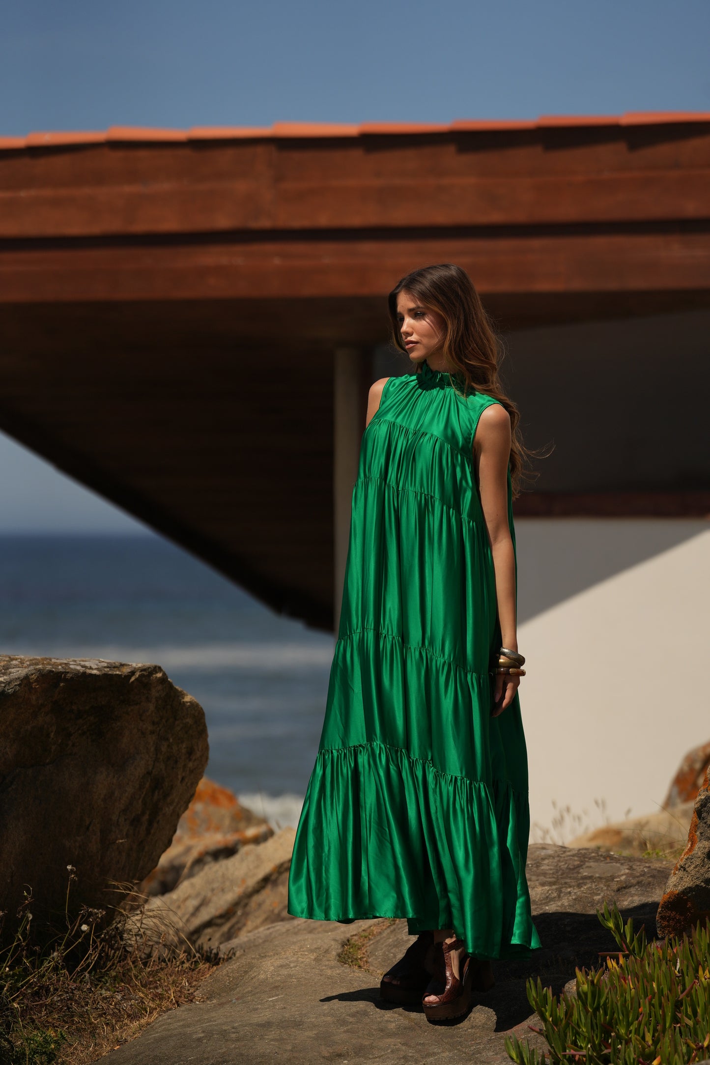 Vestido largo de seda verde