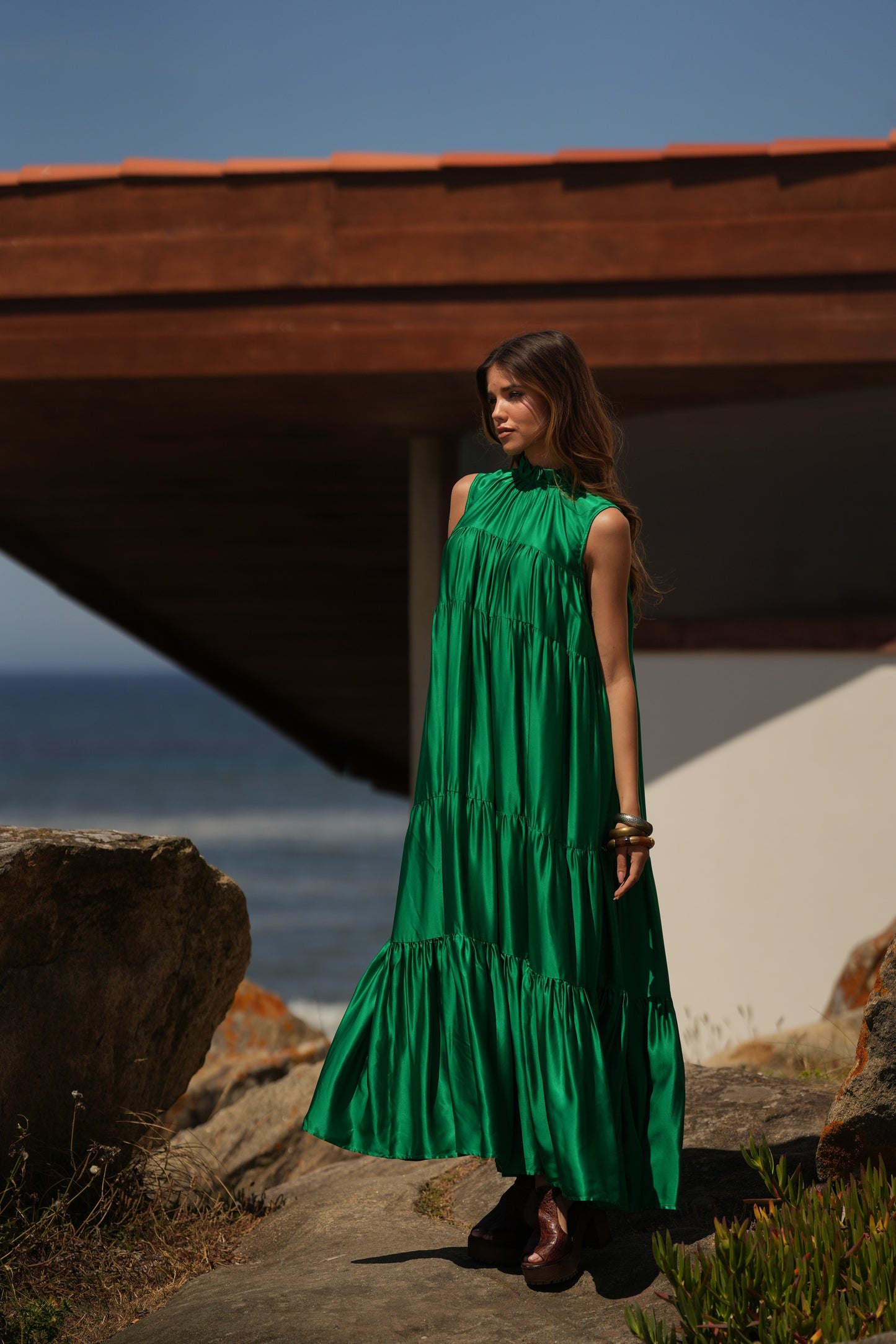 Vestido largo de seda verde