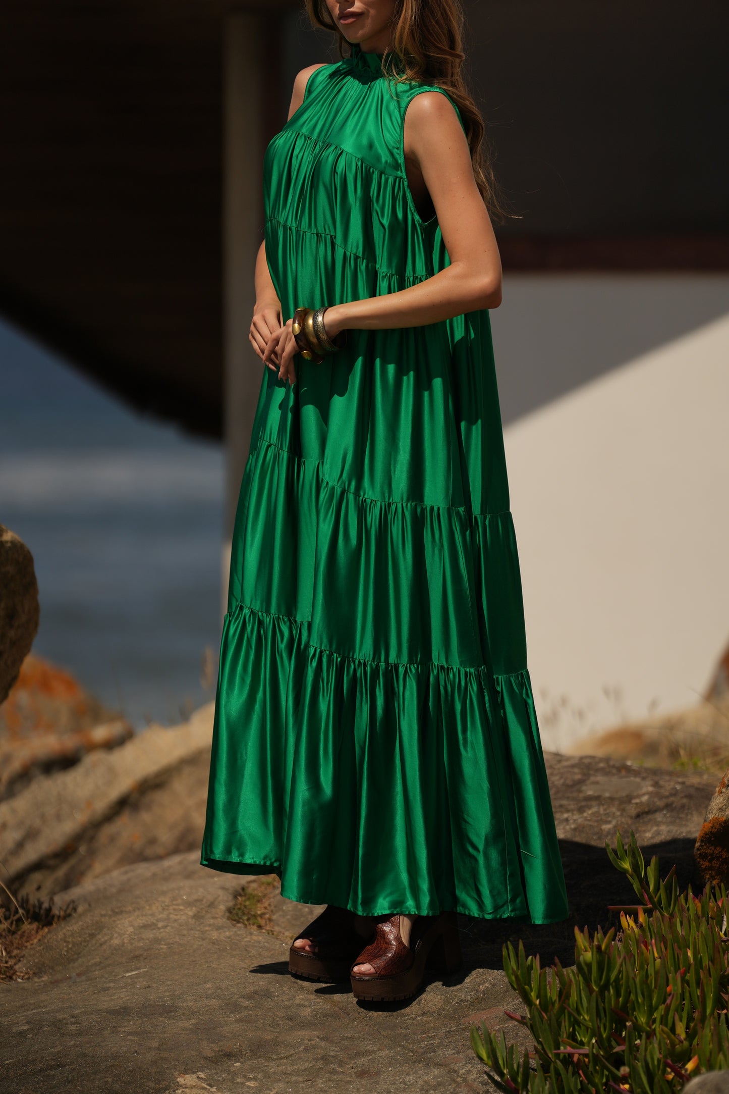 Vestido largo de seda verde