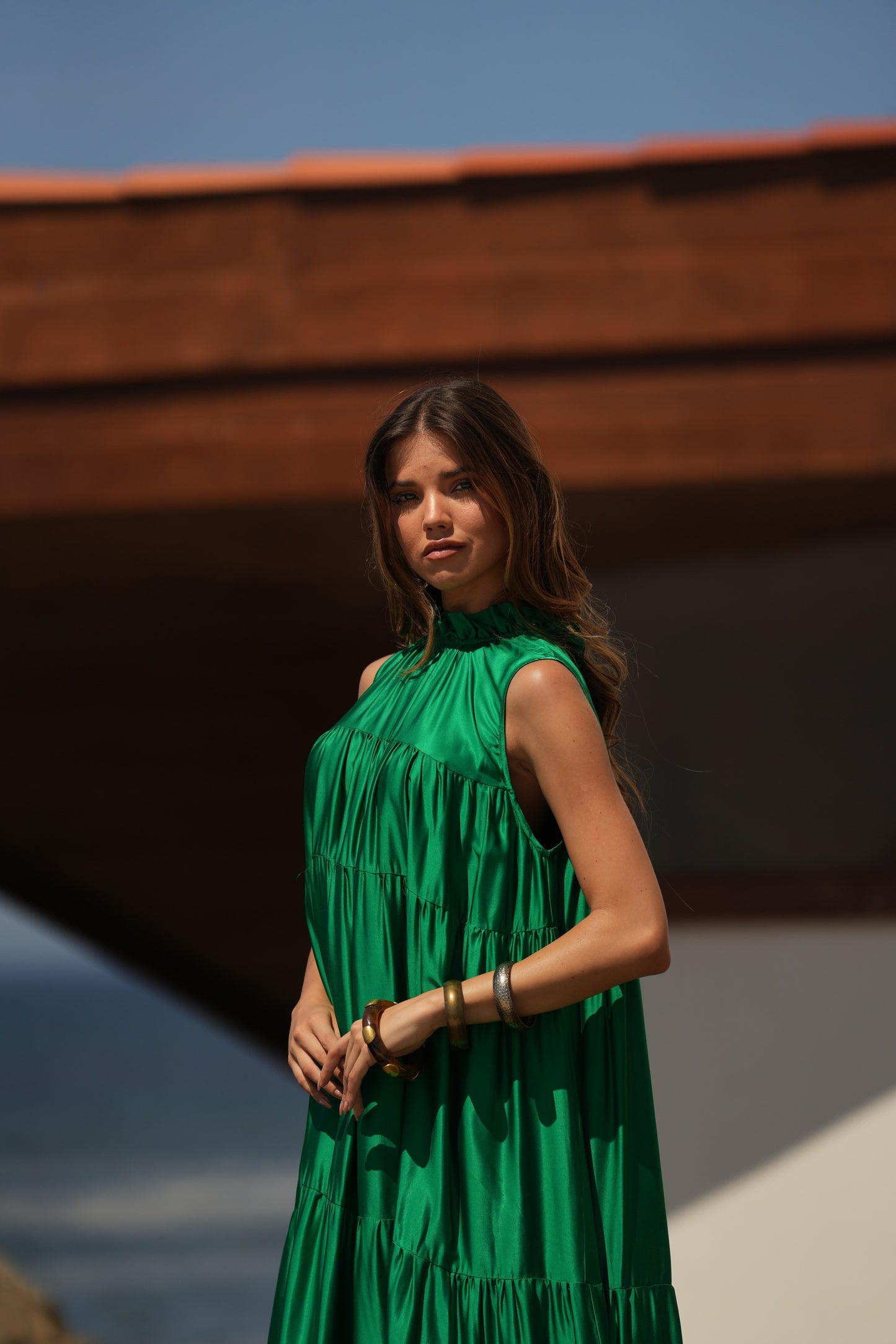 Vestido largo de seda verde