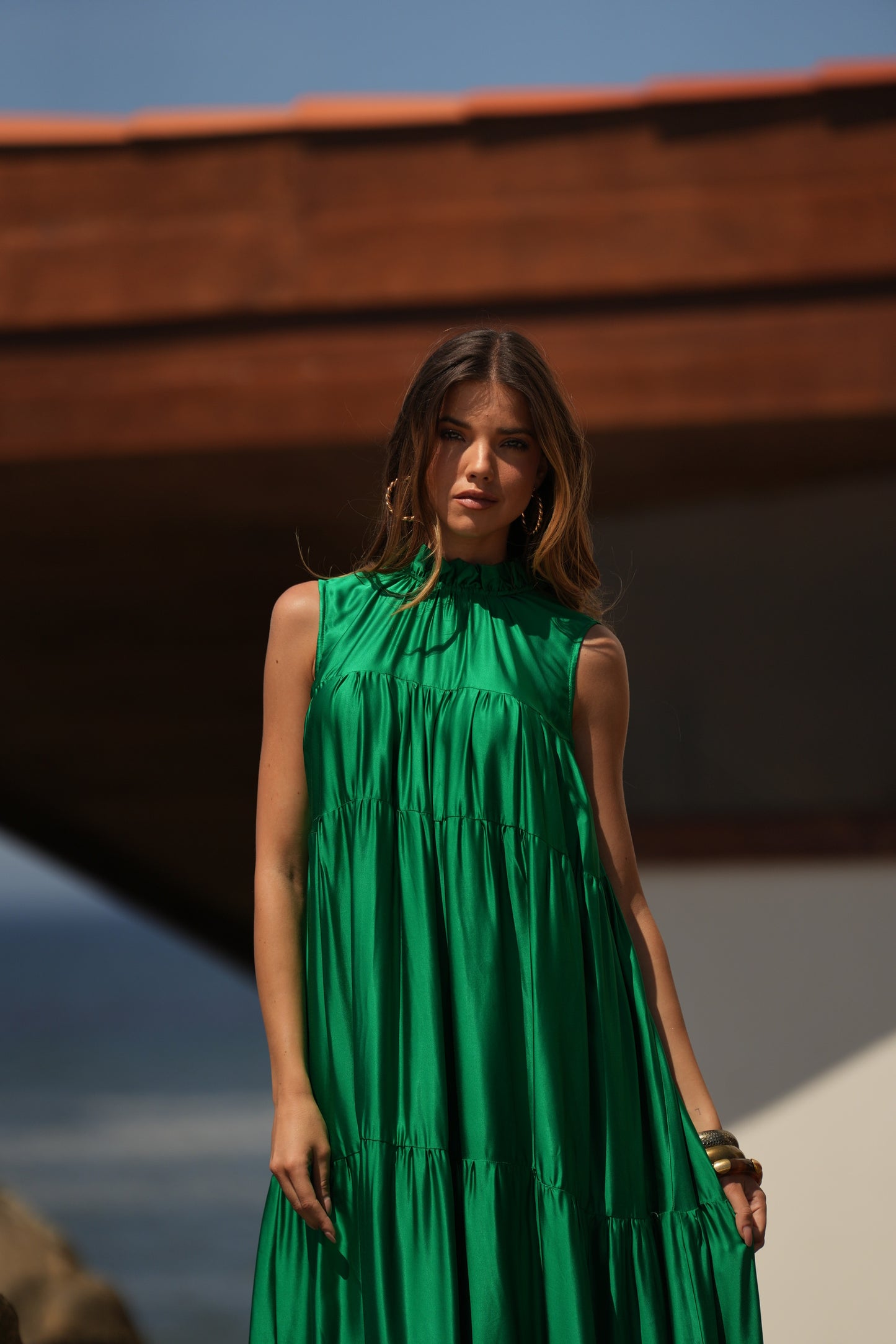 Vestido largo de seda verde