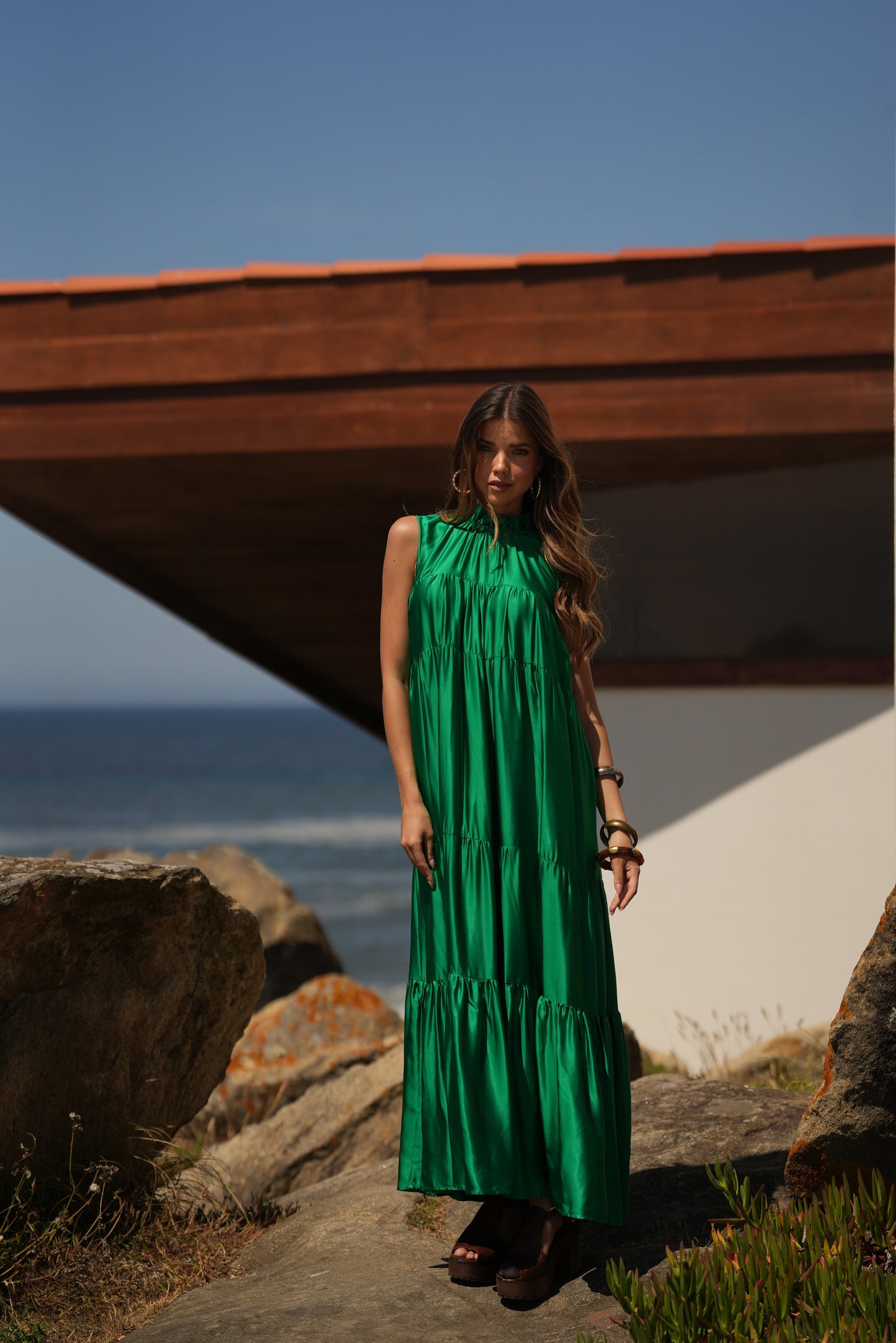 Vestido largo de seda verde