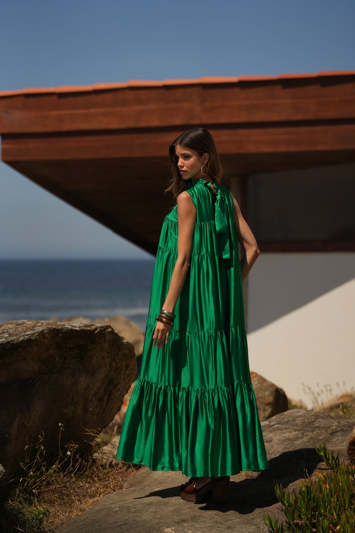 Vestido largo de seda verde