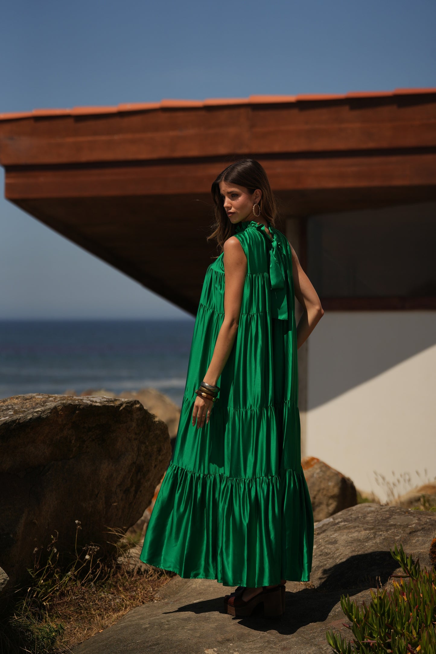 Vestido largo de seda verde