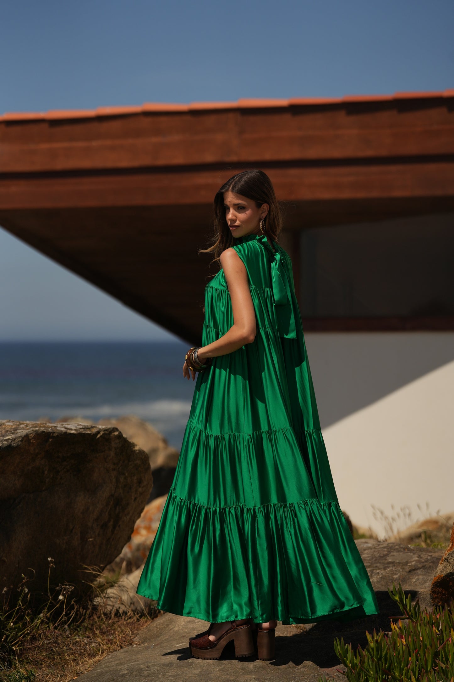 Vestido largo de seda verde