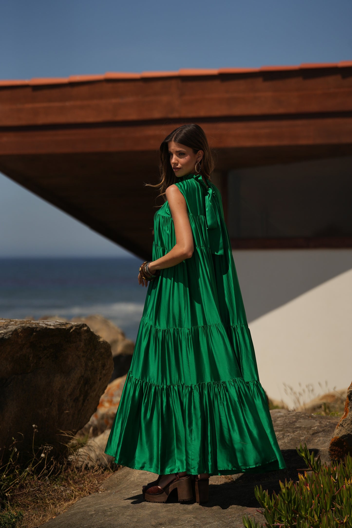 Vestido largo de seda verde