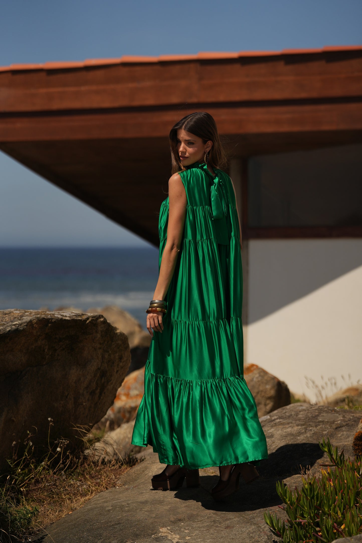 Vestido largo de seda verde