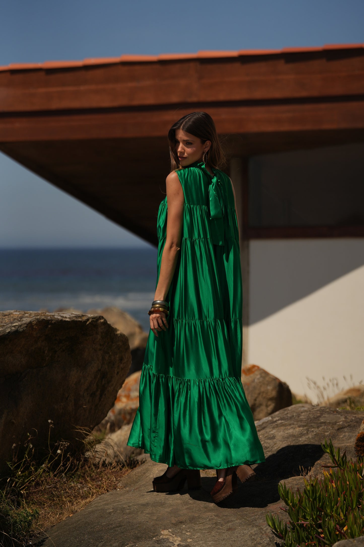 Vestido largo de seda verde