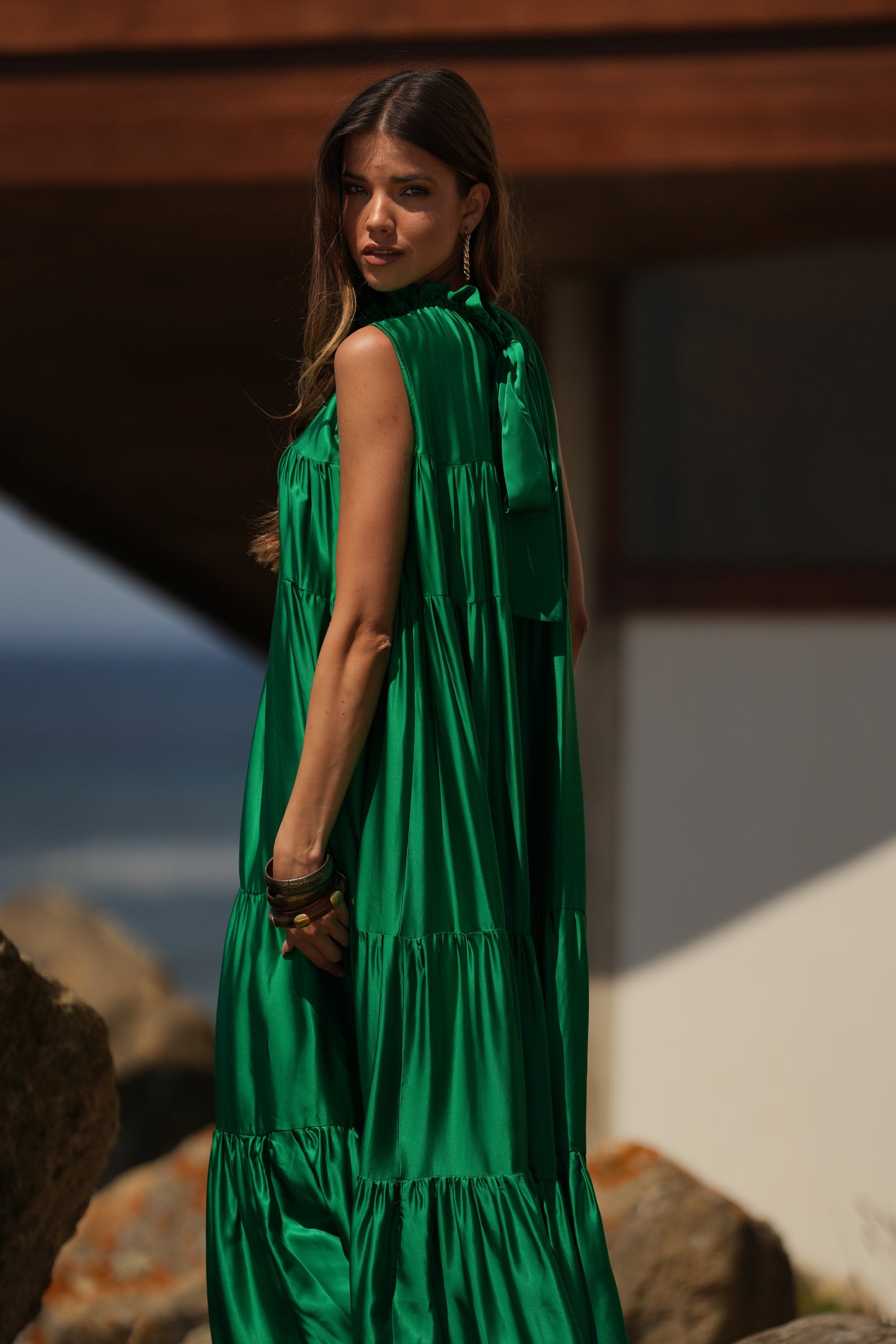 Vestido largo de seda verde