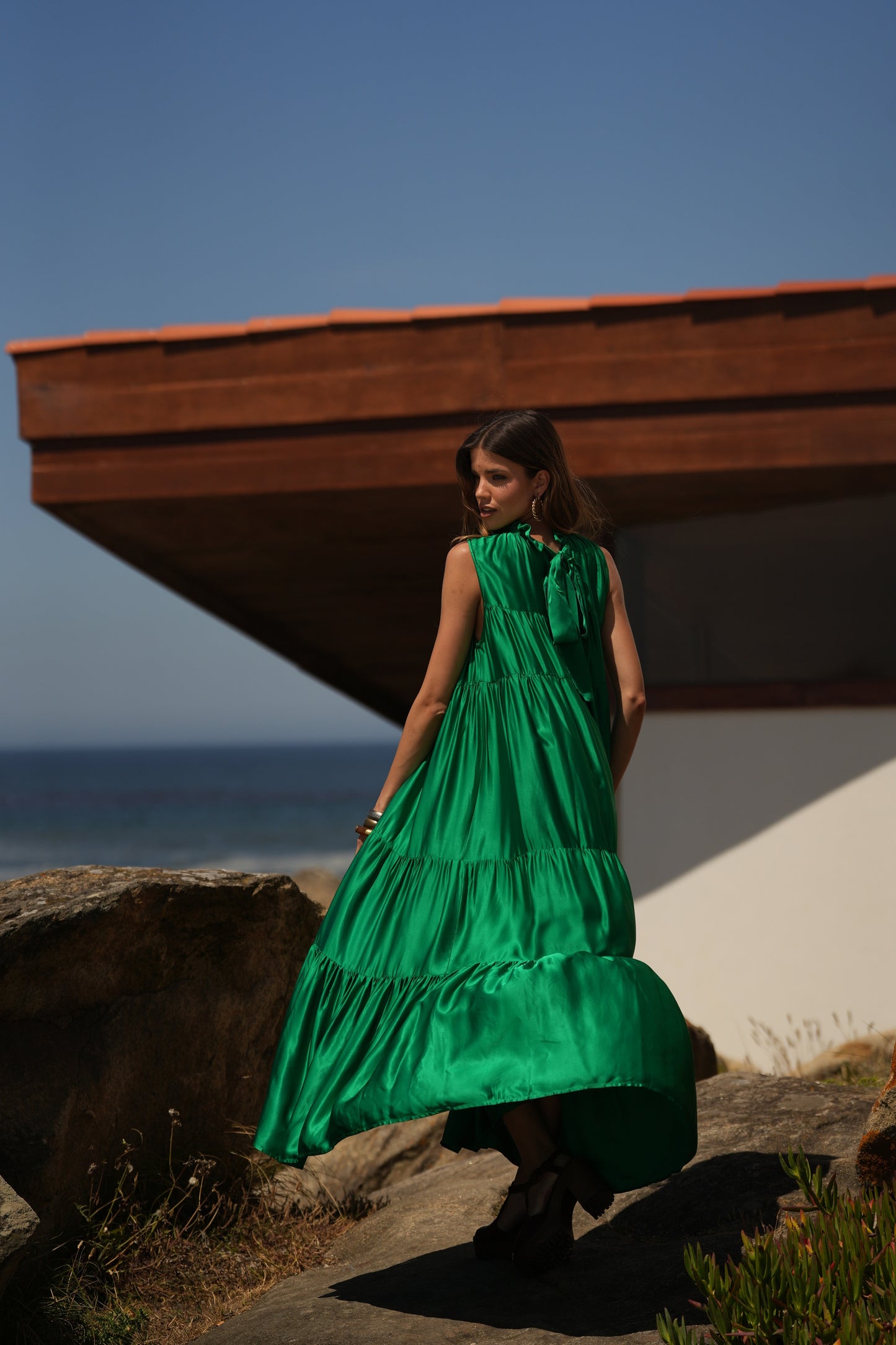 Vestido largo de seda verde