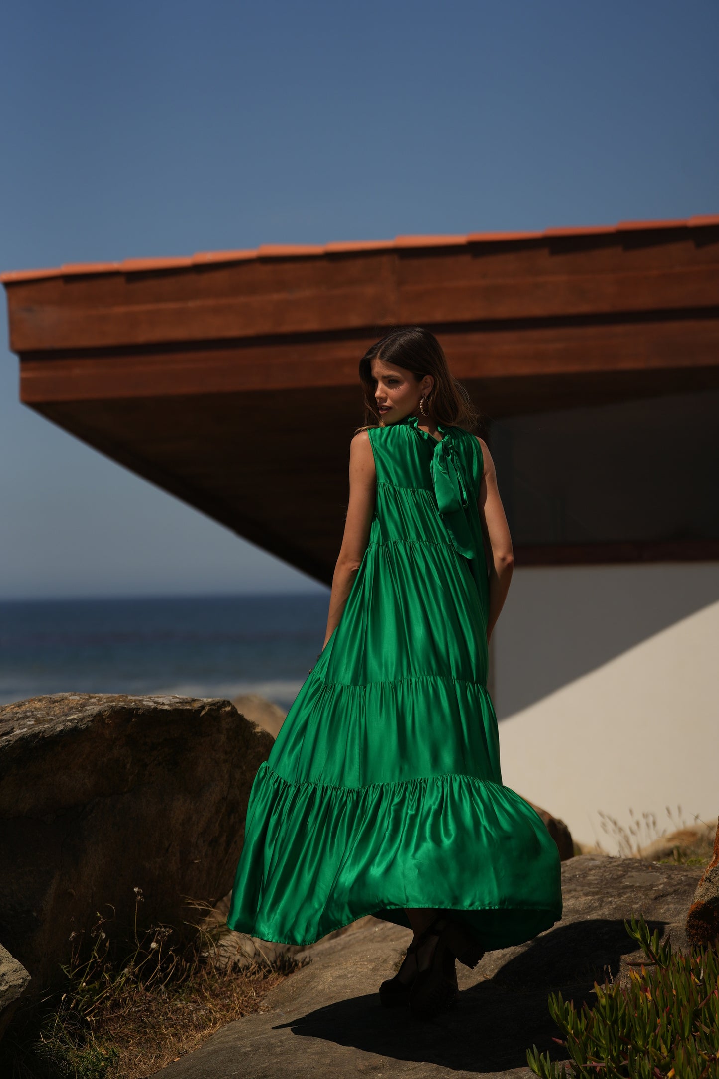 Vestido largo de seda verde