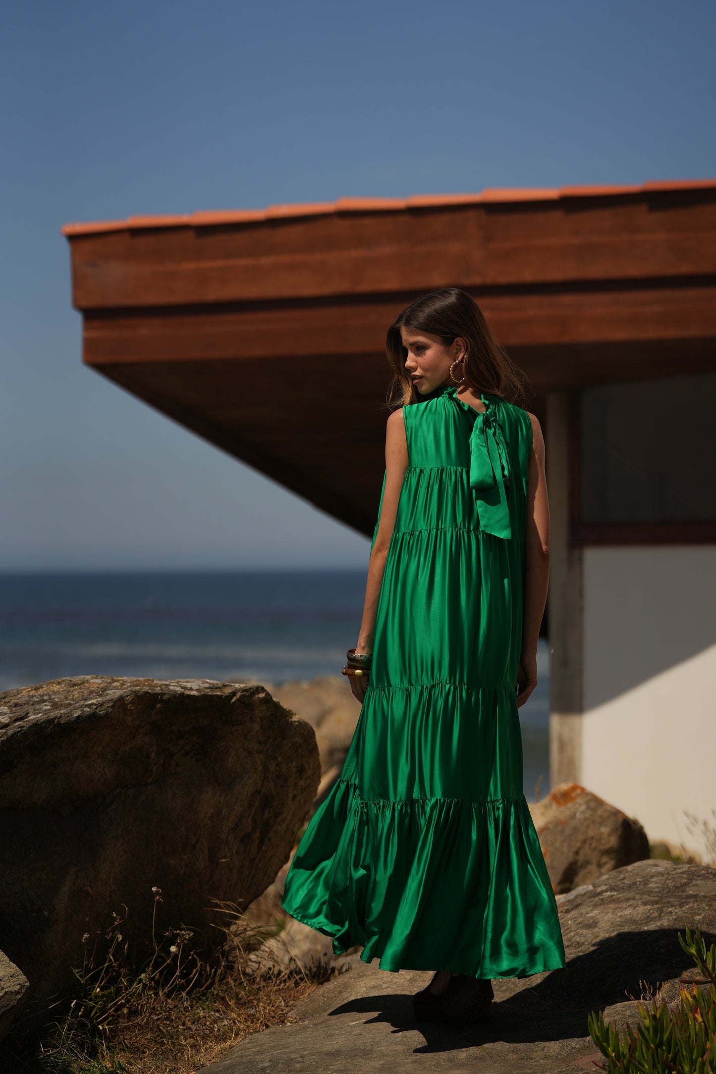 Vestido largo de seda verde
