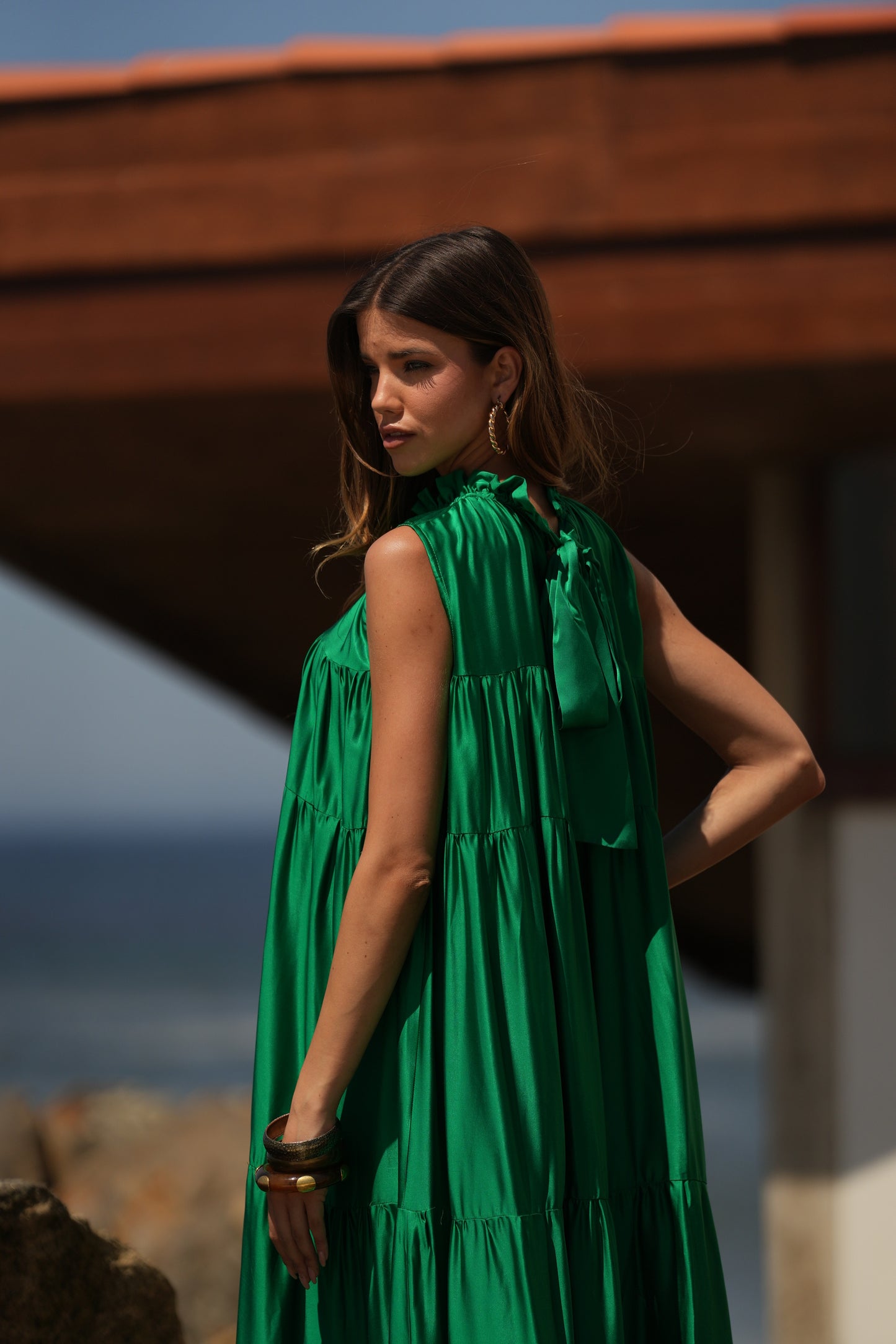 Vestido largo de seda verde