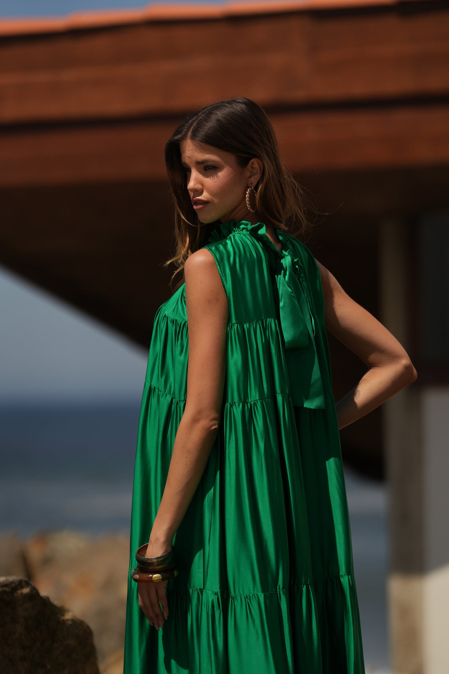 Vestido largo de seda verde