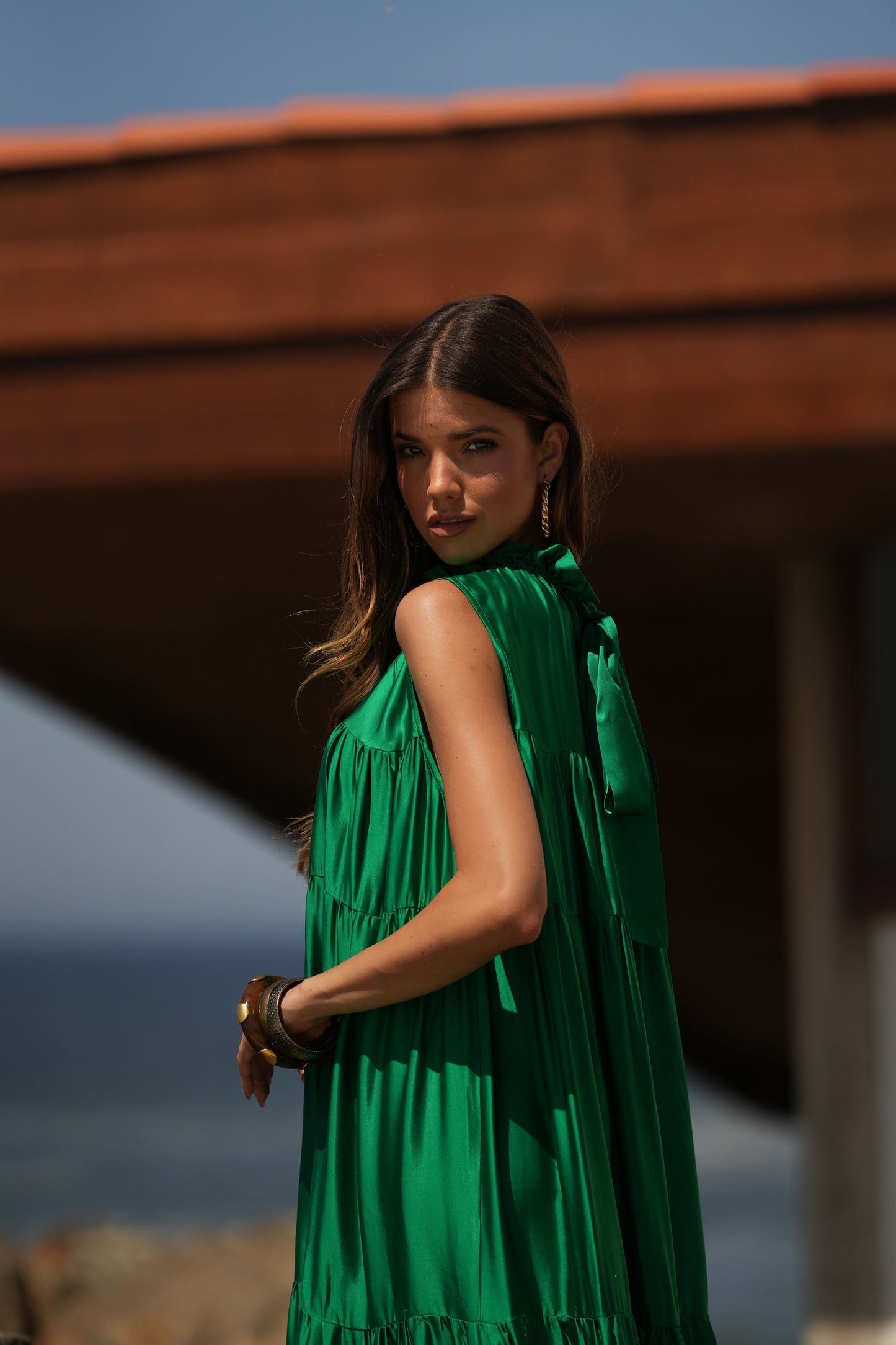 Vestido largo de seda verde