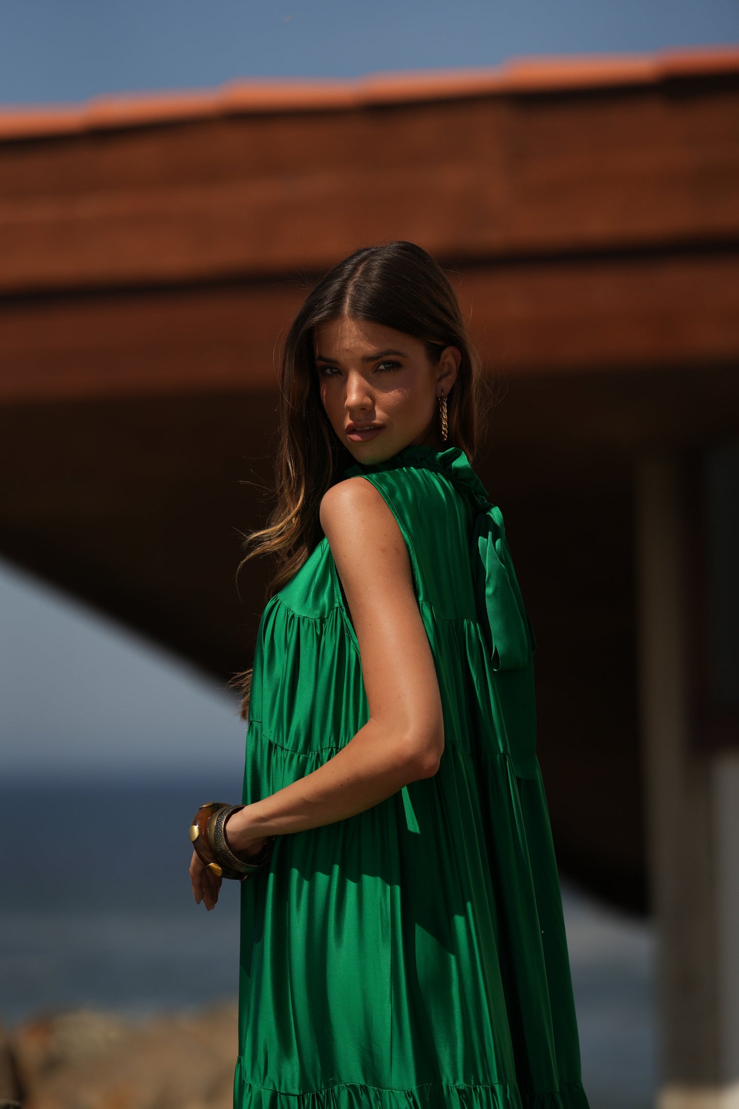 Vestido largo de seda verde