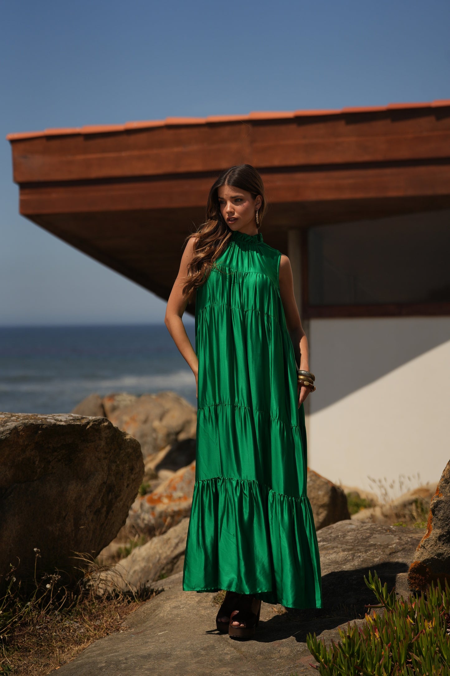 Vestido largo de seda verde