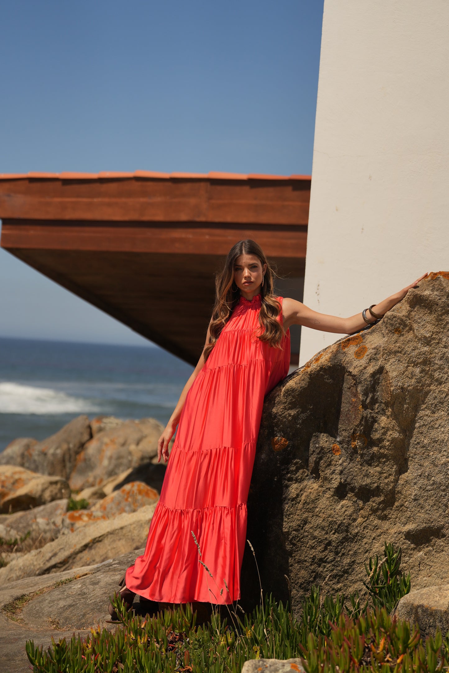 Vestido largo de seda rosa