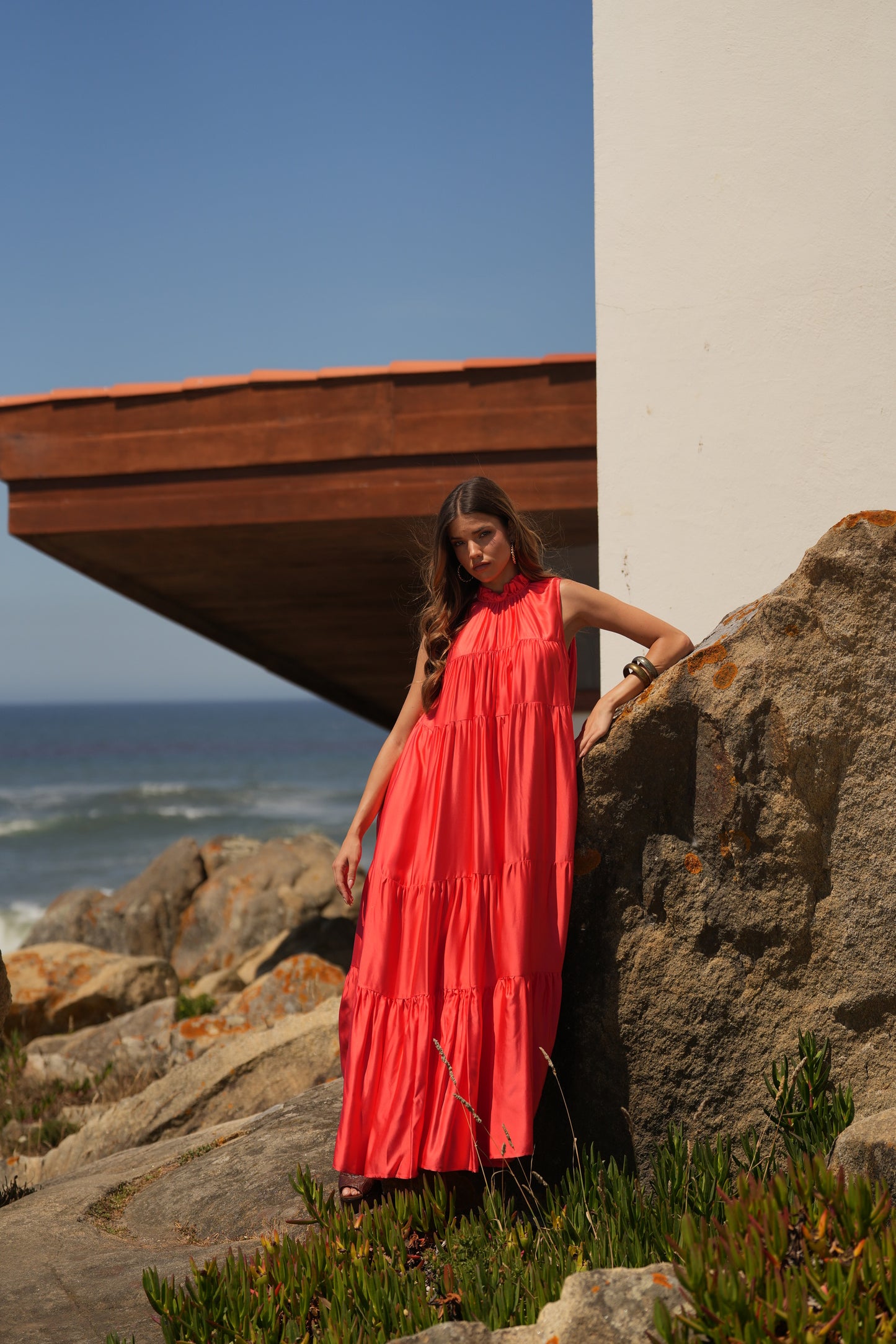 Vestido largo de seda rosa