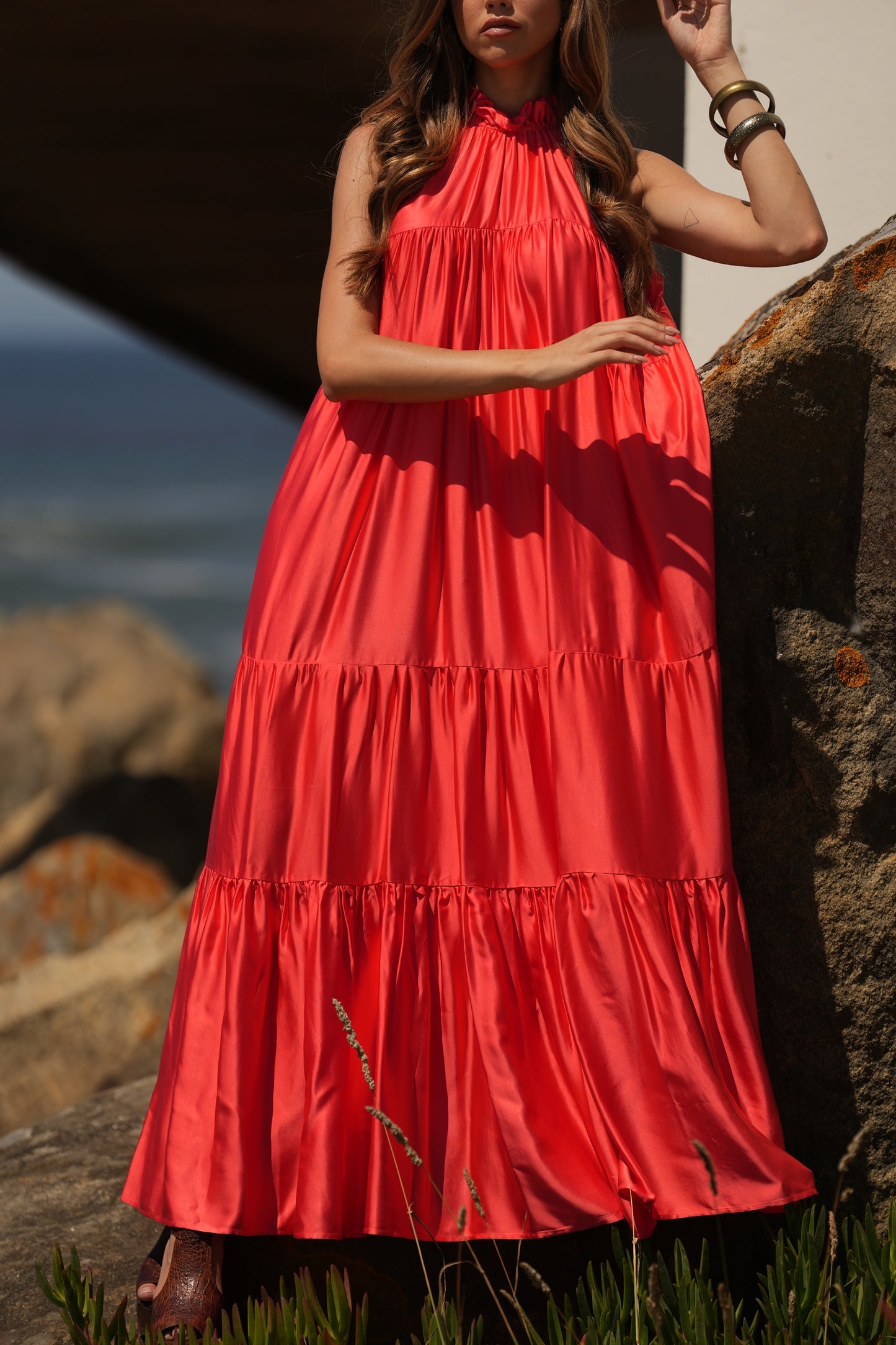 Vestido largo de seda rosa