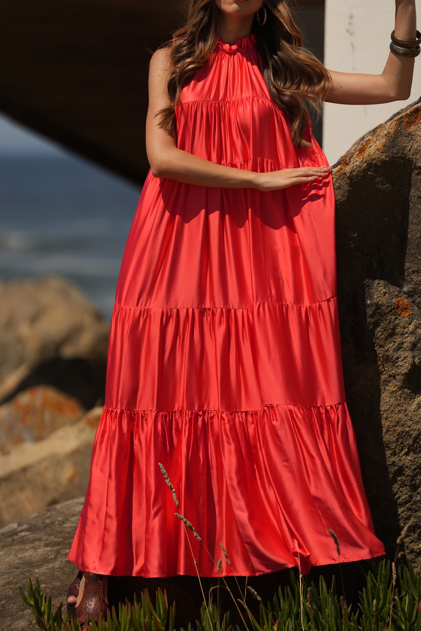 Vestido largo de seda rosa