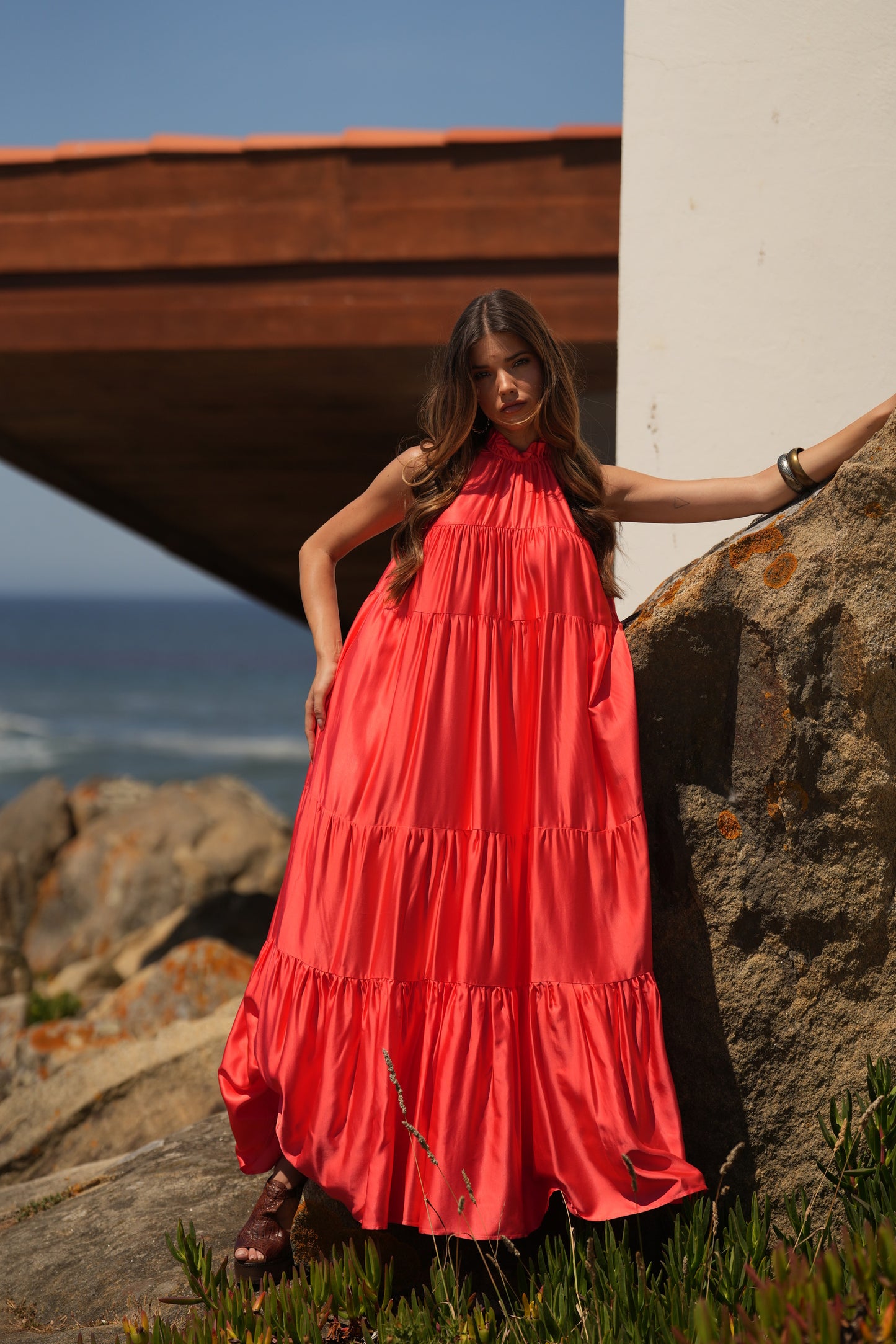 Vestido largo de seda rosa