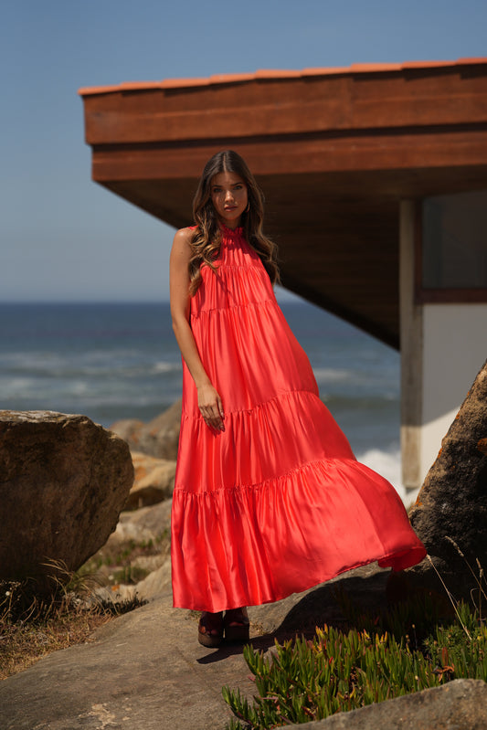 Vestido largo de seda rosa