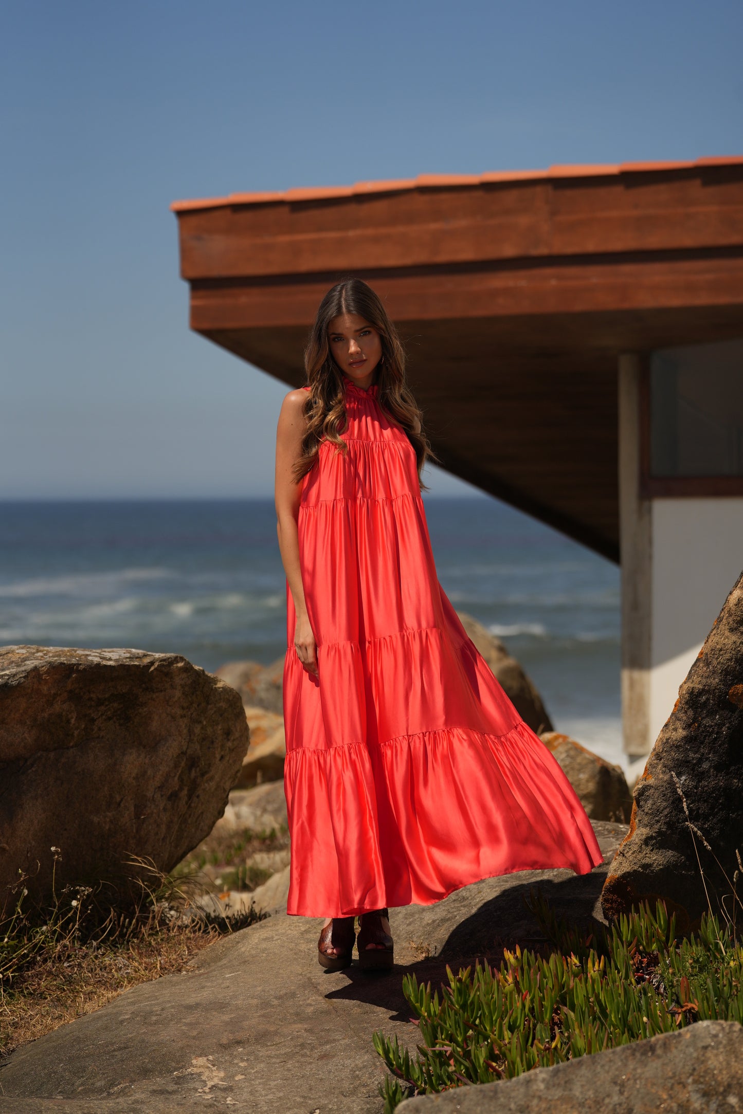Vestido largo de seda rosa